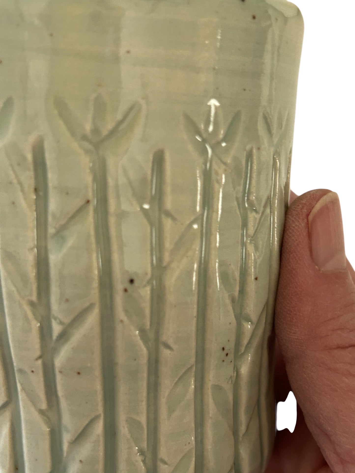 Medium Carved Cup #3 with Winter Tree Tops Designs in Teal Green