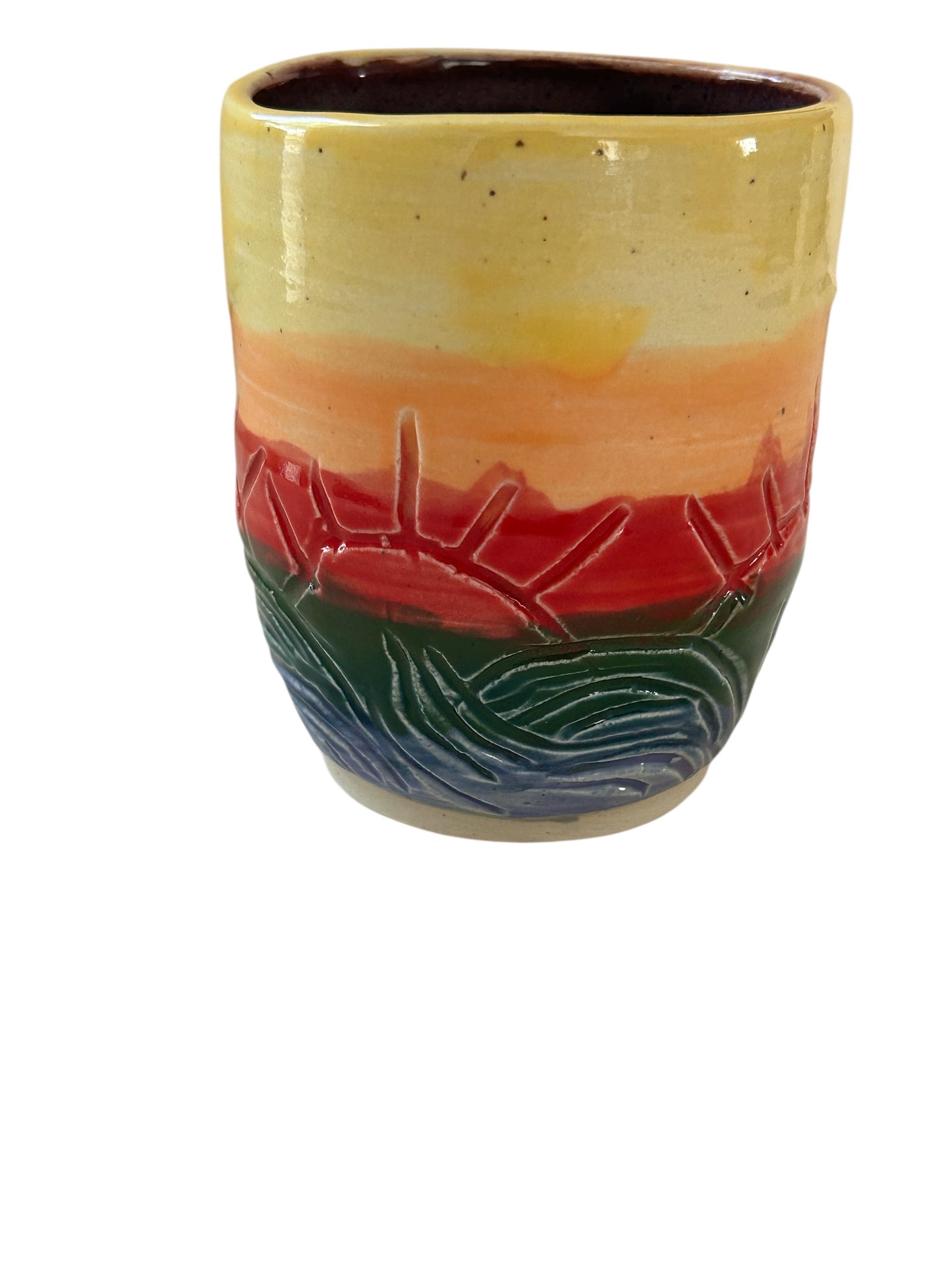 Small Carved Cup #4 with Sunset Design in Rainbow