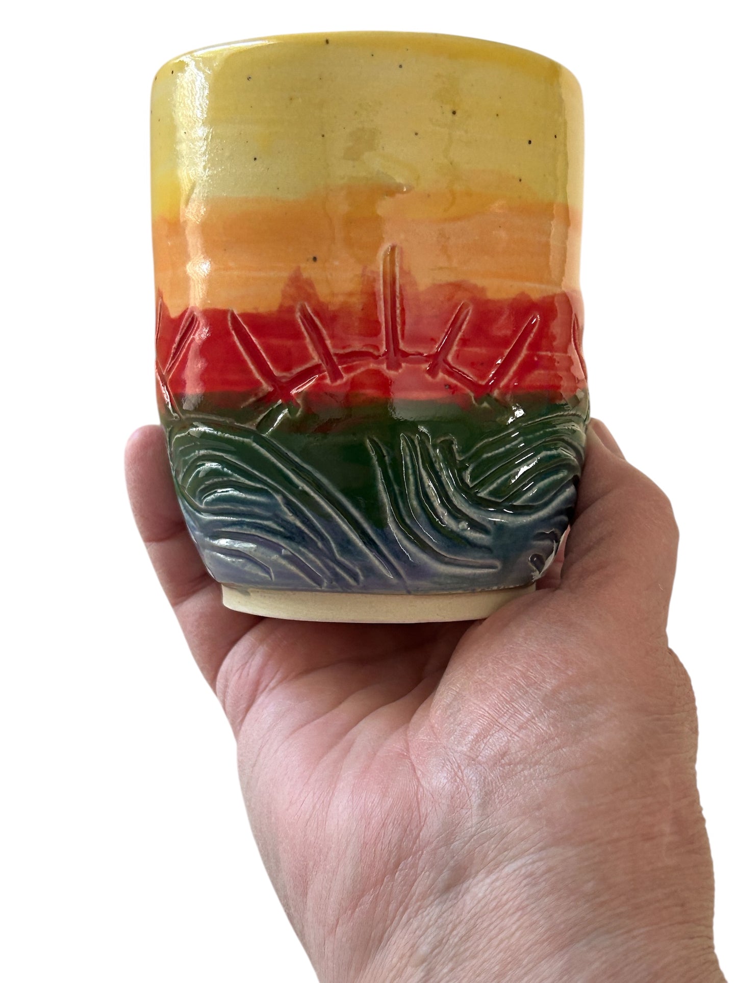 Small Carved Cup #4 with Sunset Design in Rainbow