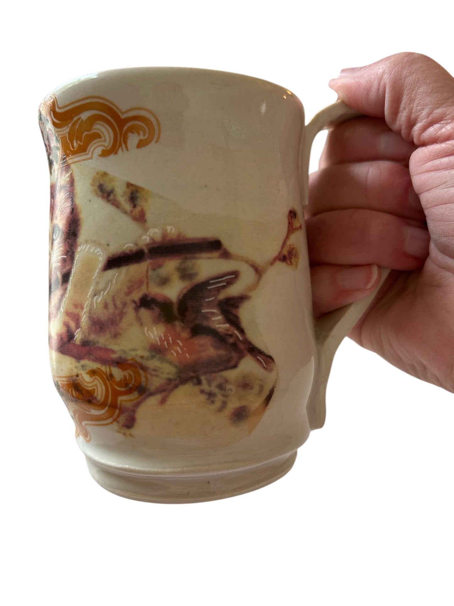 Wheel-Thrown Mug #39 with Cute Kitty Playing Flute Design