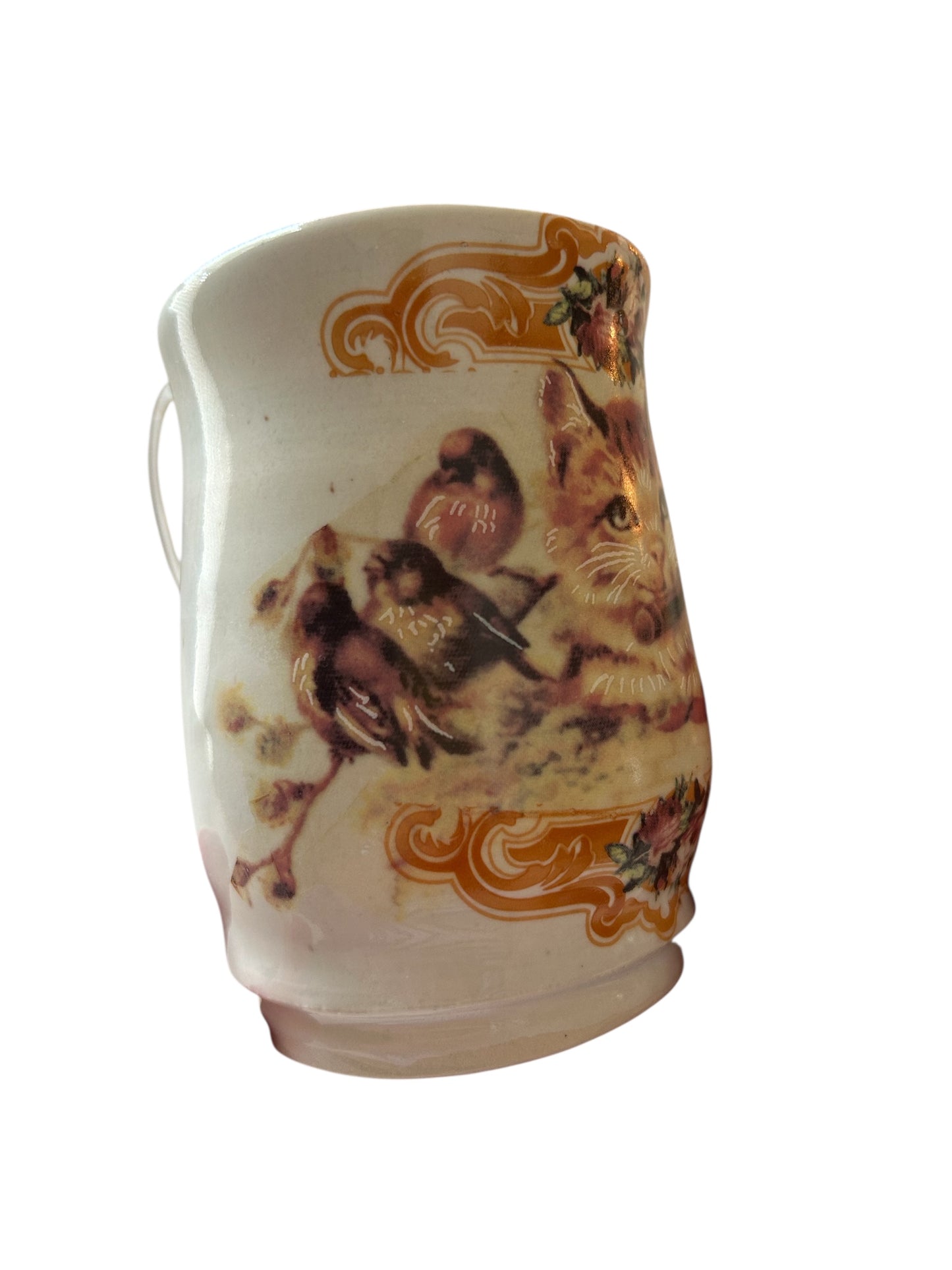 Wheel-Thrown Mug #39 with Cute Kitty Playing Flute Design