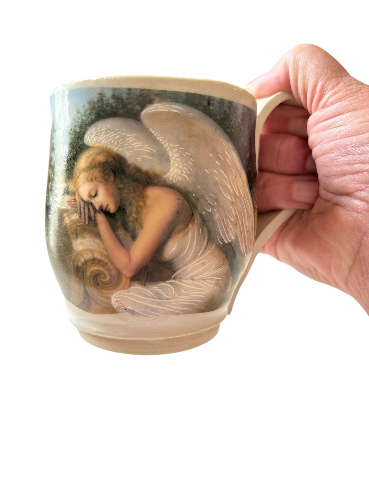 Wheel-Thrown Mug #41 with Victorian Angels in Meditation Design