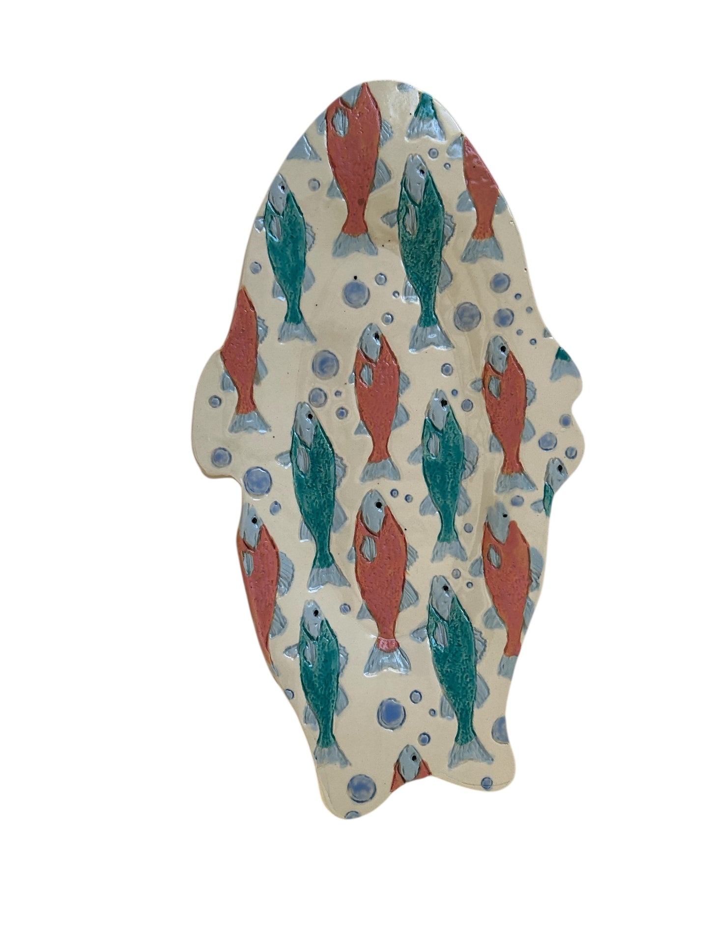 Individual Textured Fish Tray #18 with Stylized Salmon in Salmon Pink and Teal Blue