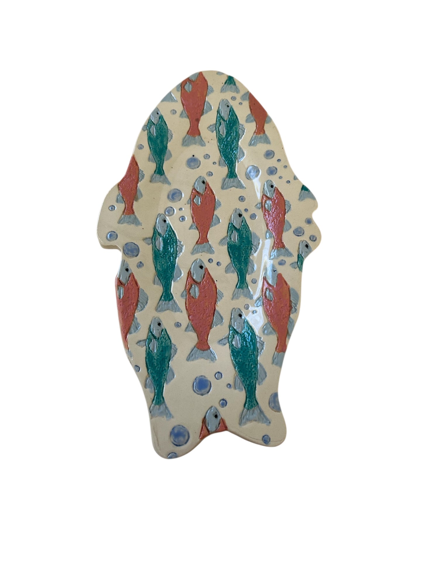 Individual Textured Fish Tray #18 with Stylized Salmon in Salmon Pink and Teal Blue