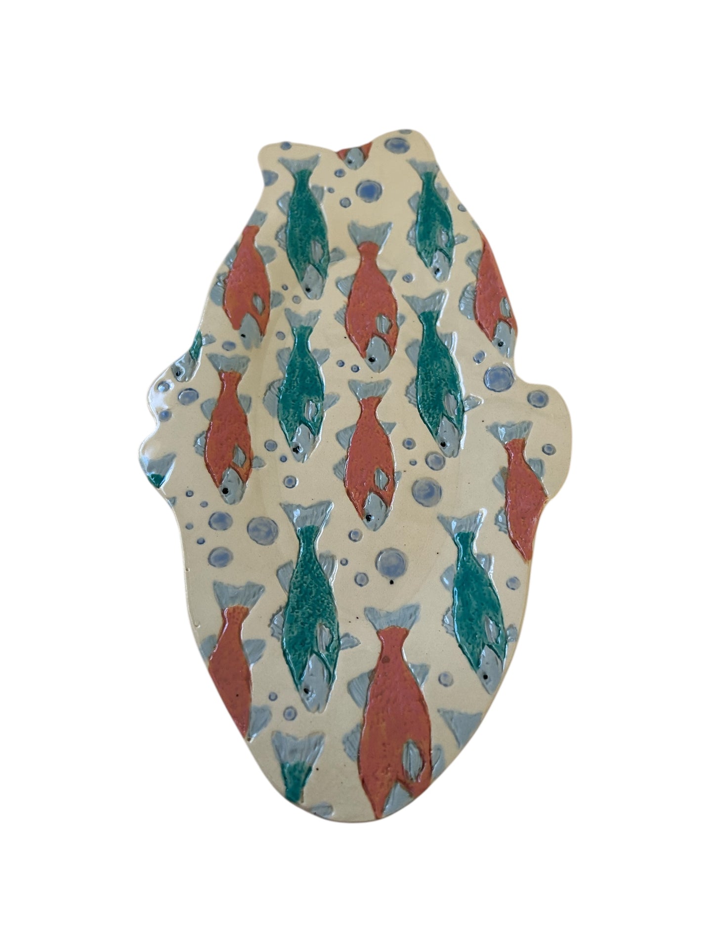 Individual Textured Fish Tray #18 with Stylized Salmon in Salmon Pink and Teal Blue