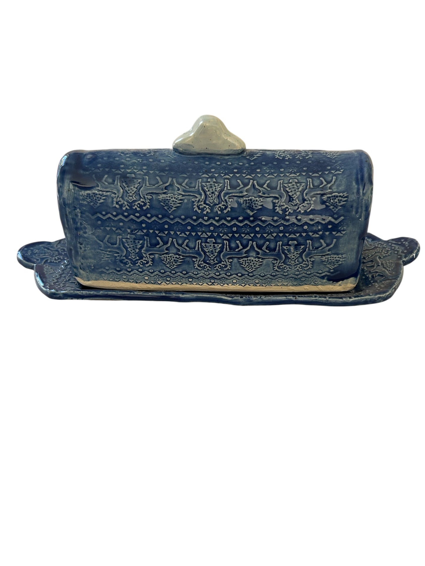 Textured Butter Dish #44 with Winter Trees and Deer Designs
