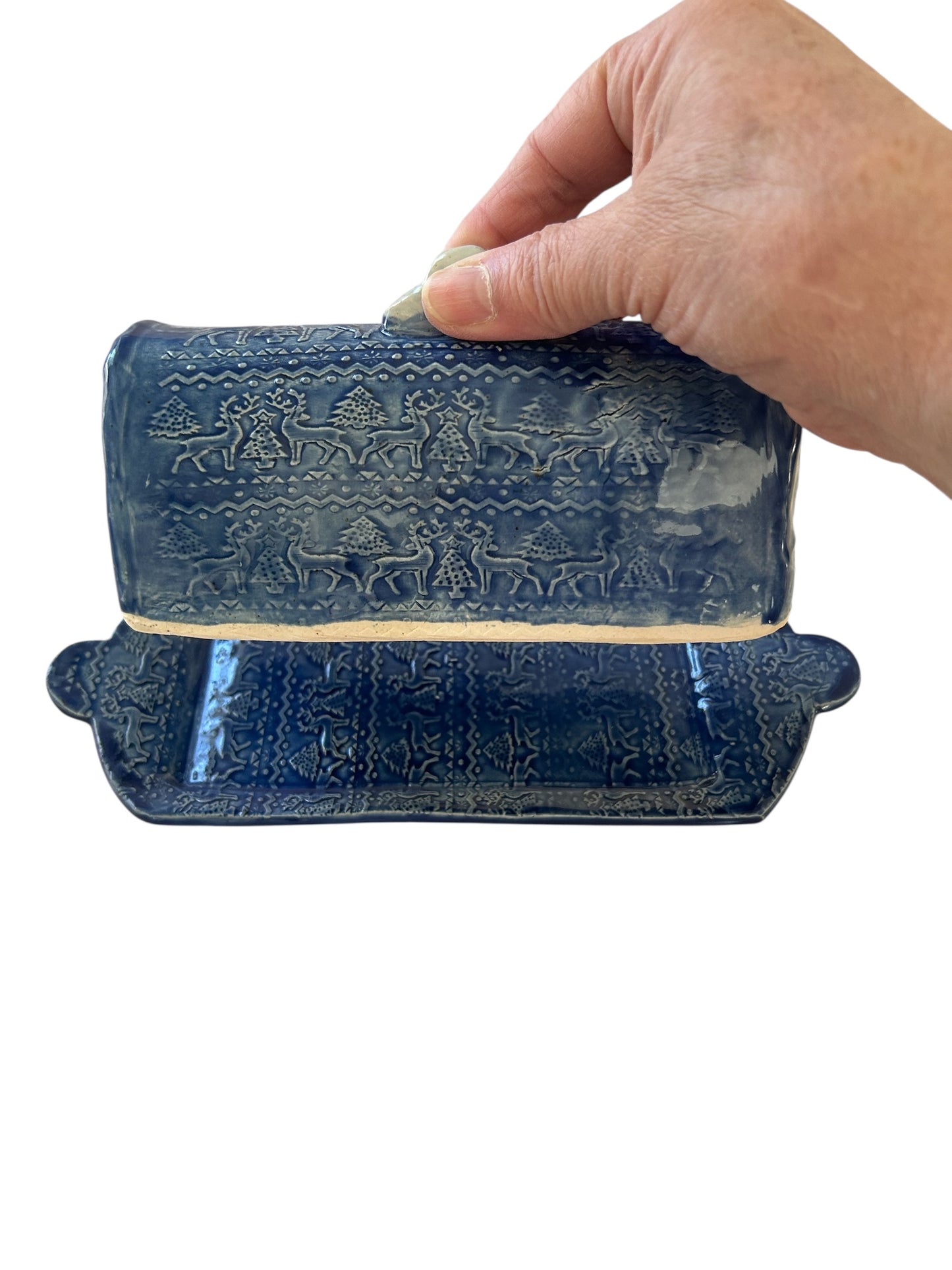 Textured Butter Dish #44 with Winter Trees and Deer Designs