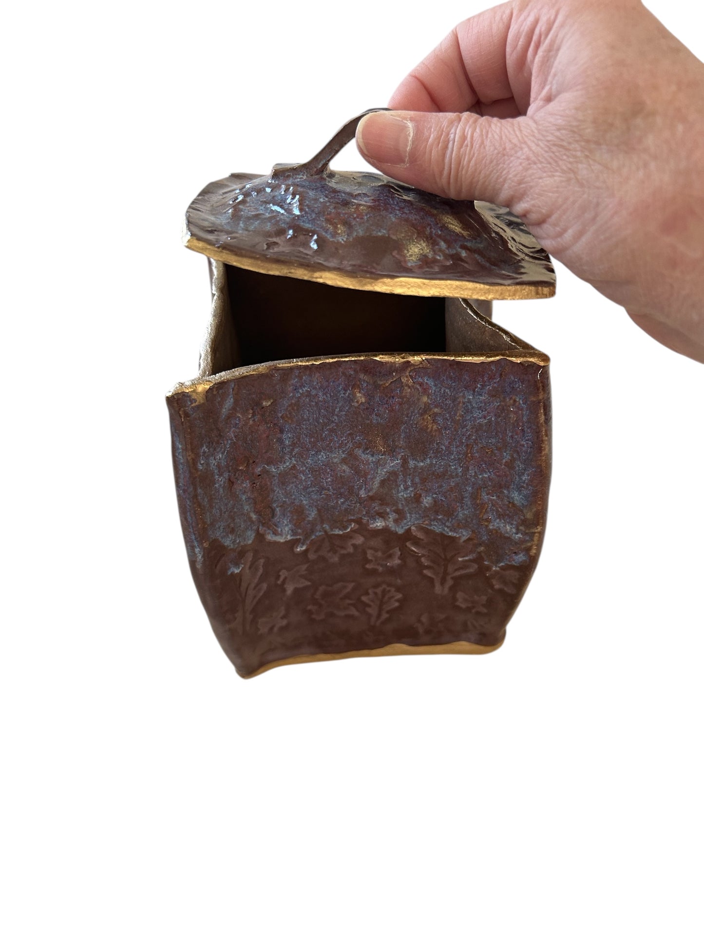 Medium Pagoda Dry Goods Storage Container #34 with Oak Leaves in Burgundy and Gold Leaf Accents