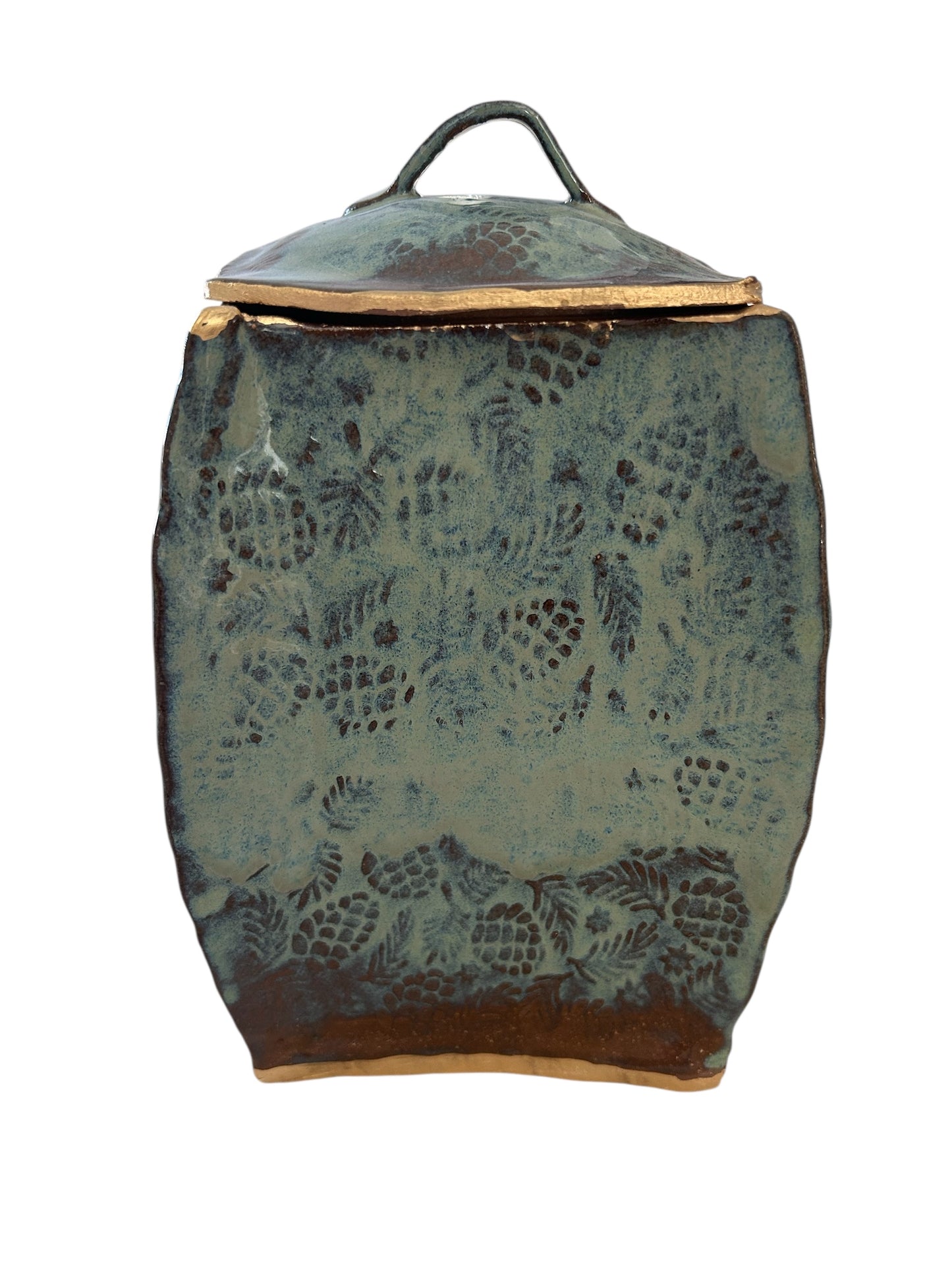 Large Pagoda Dry Goods Storage Container #33 with Pinecones and Greenery in Toasted Sage and Gold Leaf Accents