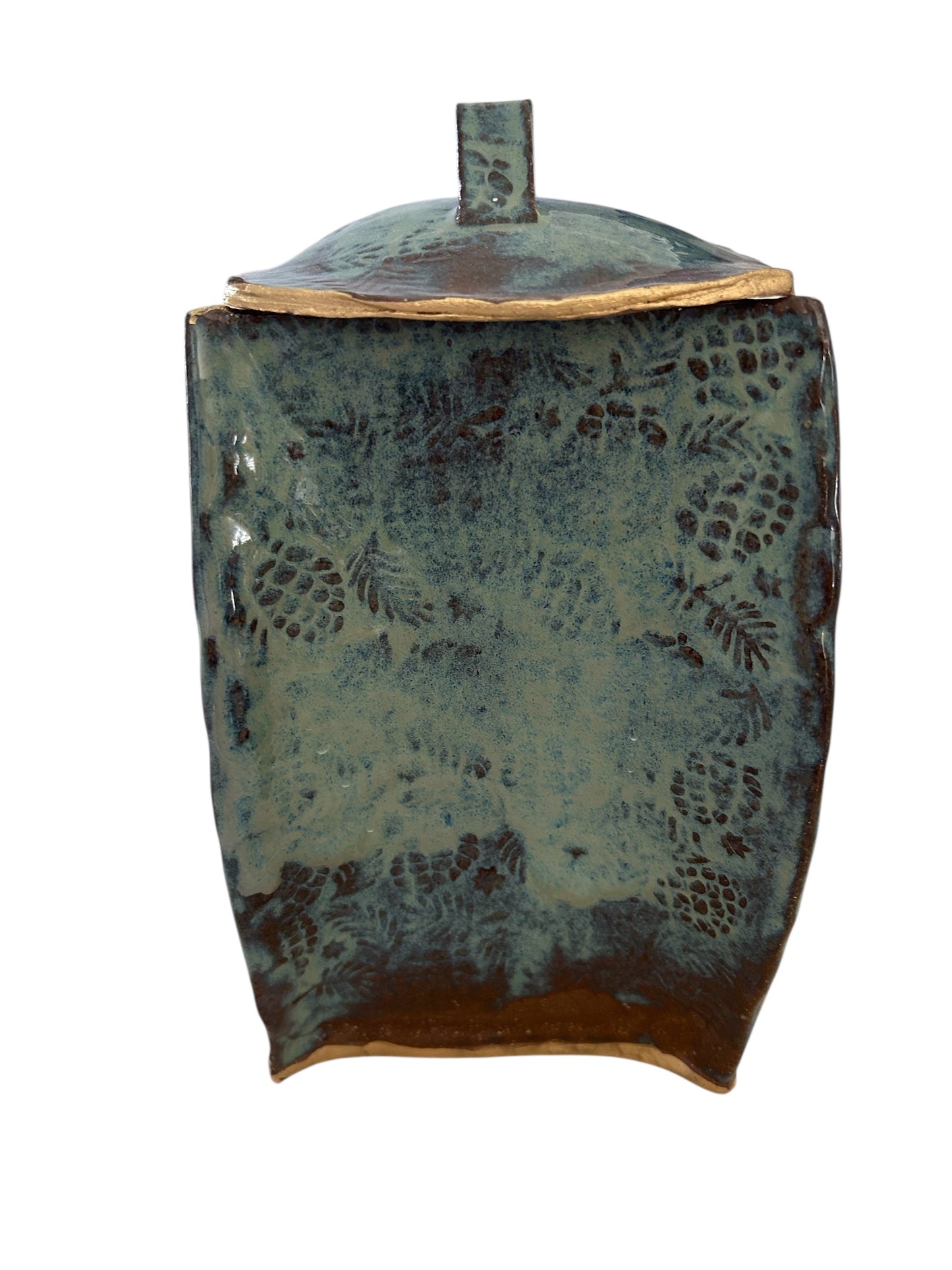 Large Pagoda Dry Goods Storage Container #33 with Pinecones and Greenery in Toasted Sage and Gold Leaf Accents