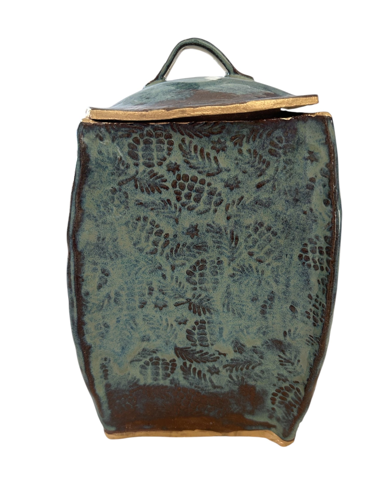 Large Pagoda Dry Goods Storage Container #33 with Pinecones and Greenery in Toasted Sage and Gold Leaf Accents