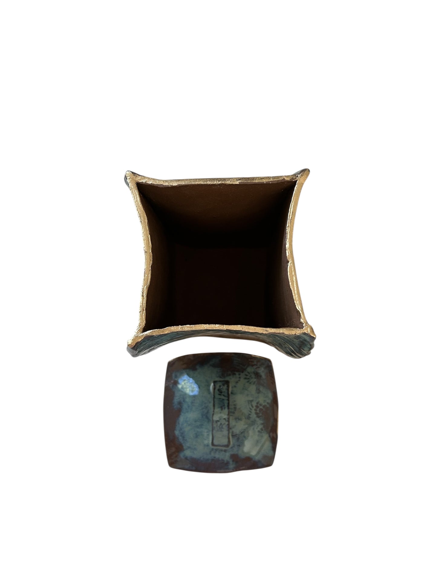 Large Pagoda Dry Goods Storage Container #33 with Pinecones and Greenery in Toasted Sage and Gold Leaf Accents