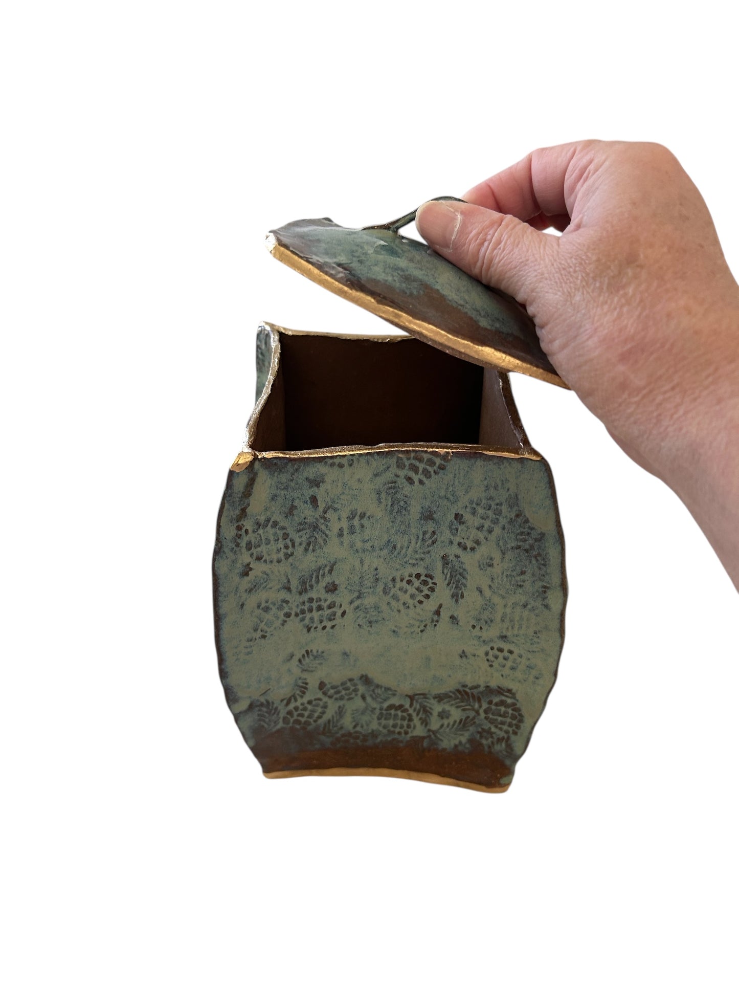 Large Pagoda Dry Goods Storage Container #33 with Pinecones and Greenery in Toasted Sage and Gold Leaf Accents