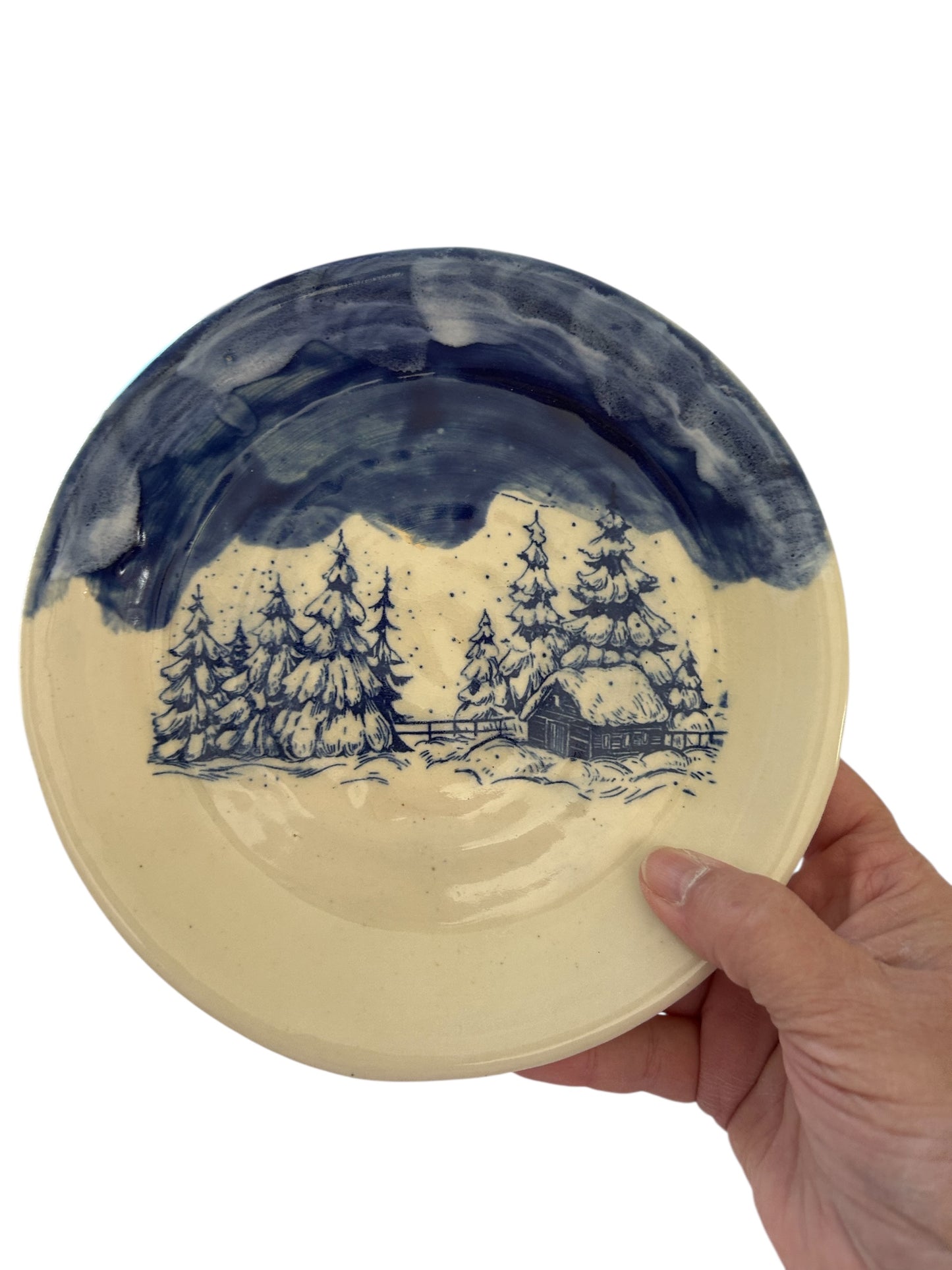 Monoprint Breakfast Set #12 with Log Cabin Winter Scene