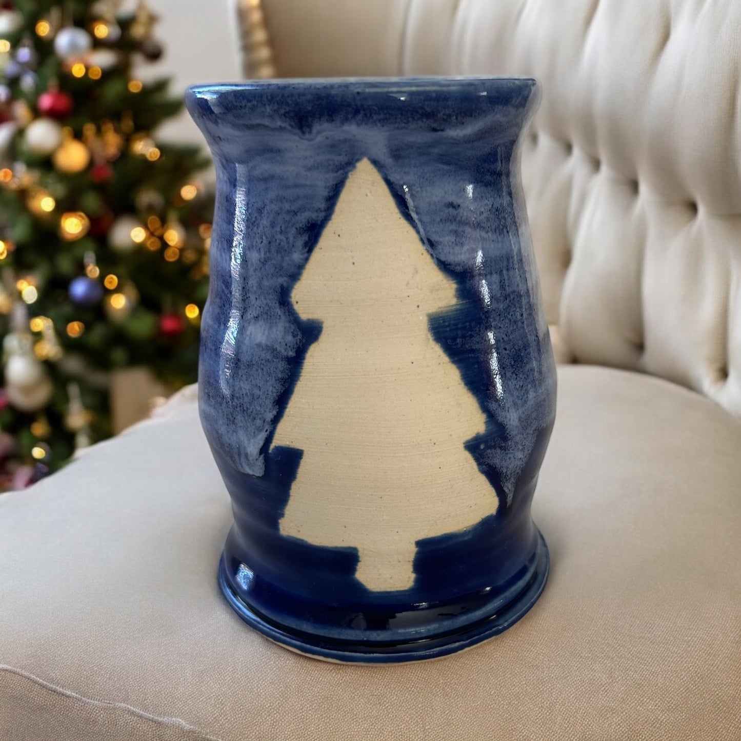 Small Wheel-Thrown Block Winter Tree Vase #14 in Winter Blue