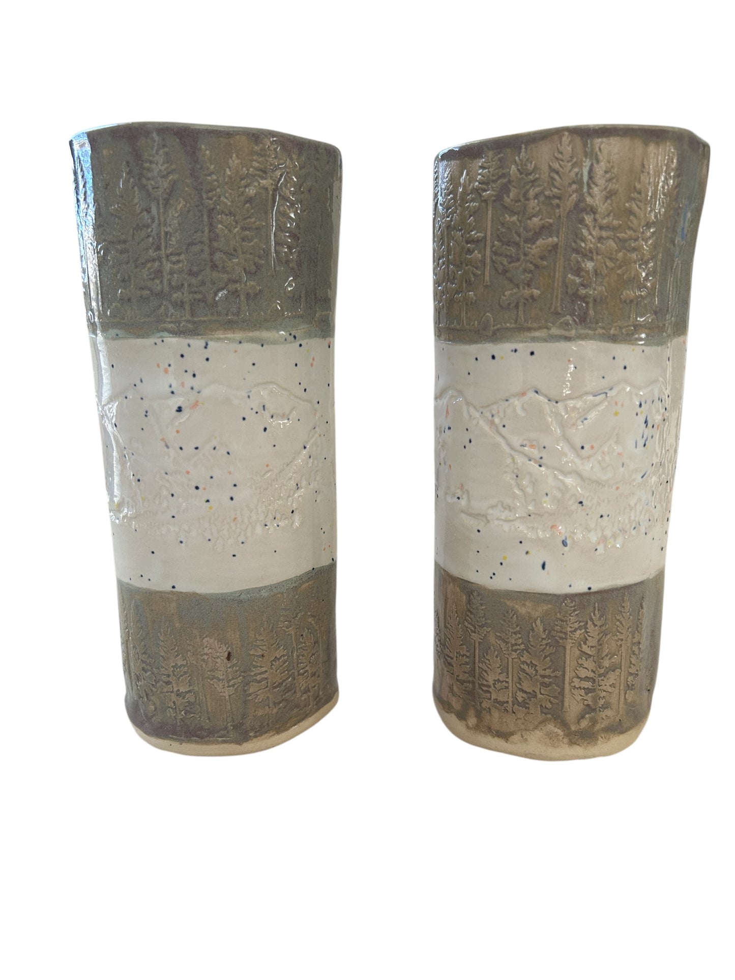 Set of 2 Tall Textured Tumblers #2 with Winter Trees and Mountains in Toasted Sage