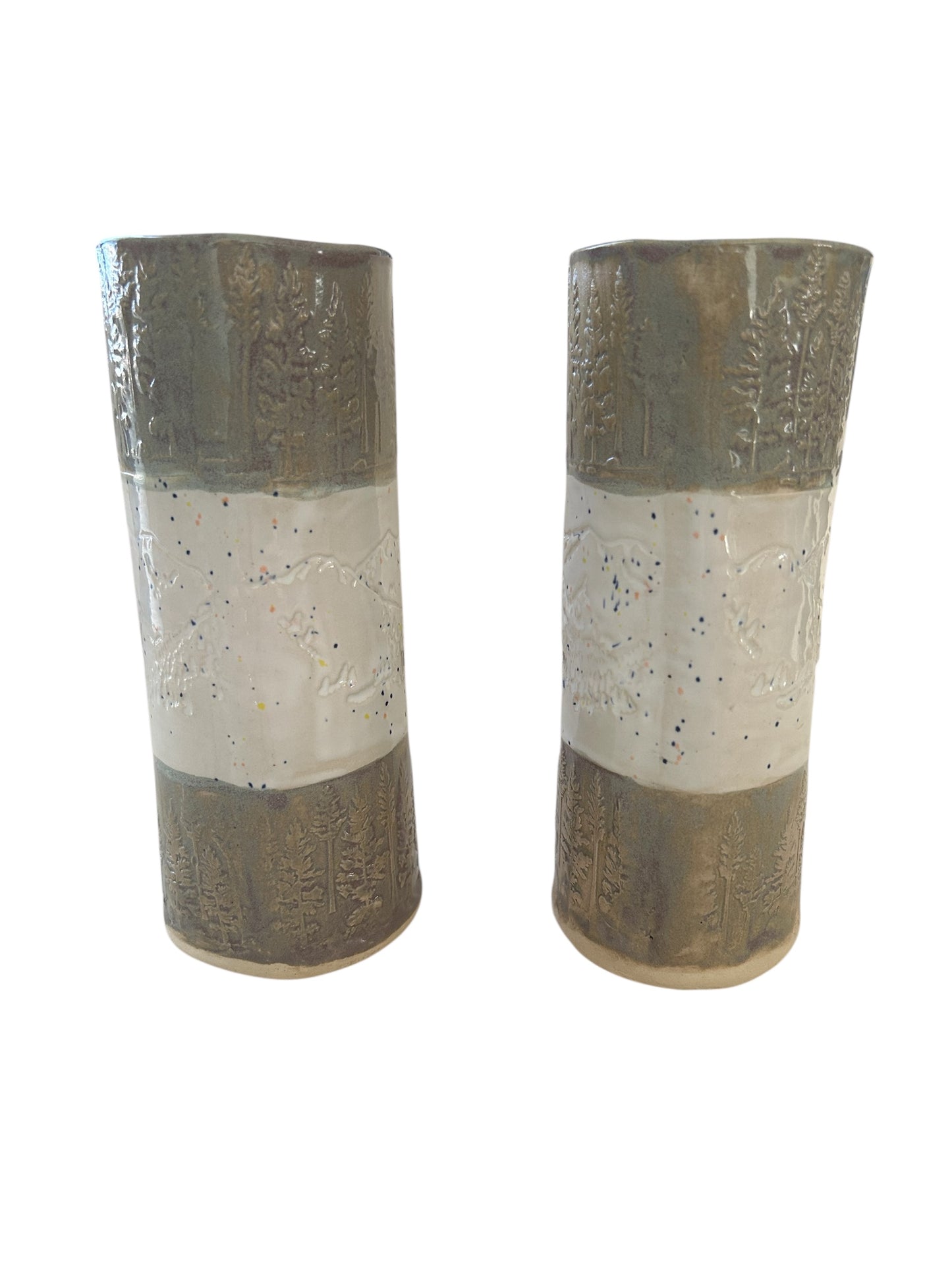 Set of 2 Tall Textured Tumblers #2 with Winter Trees and Mountains in Toasted Sage