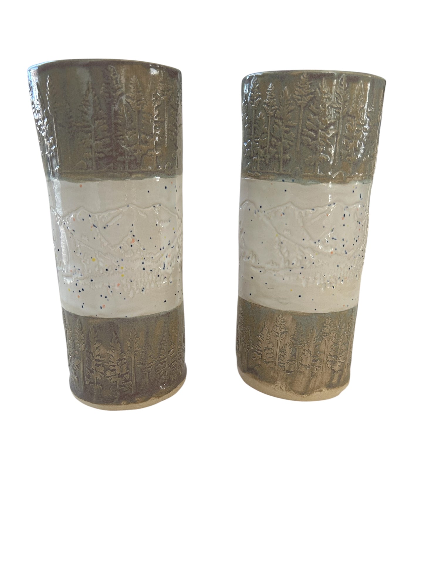 Set of 2 Tall Textured Tumblers #2 with Winter Trees and Mountains in Toasted Sage