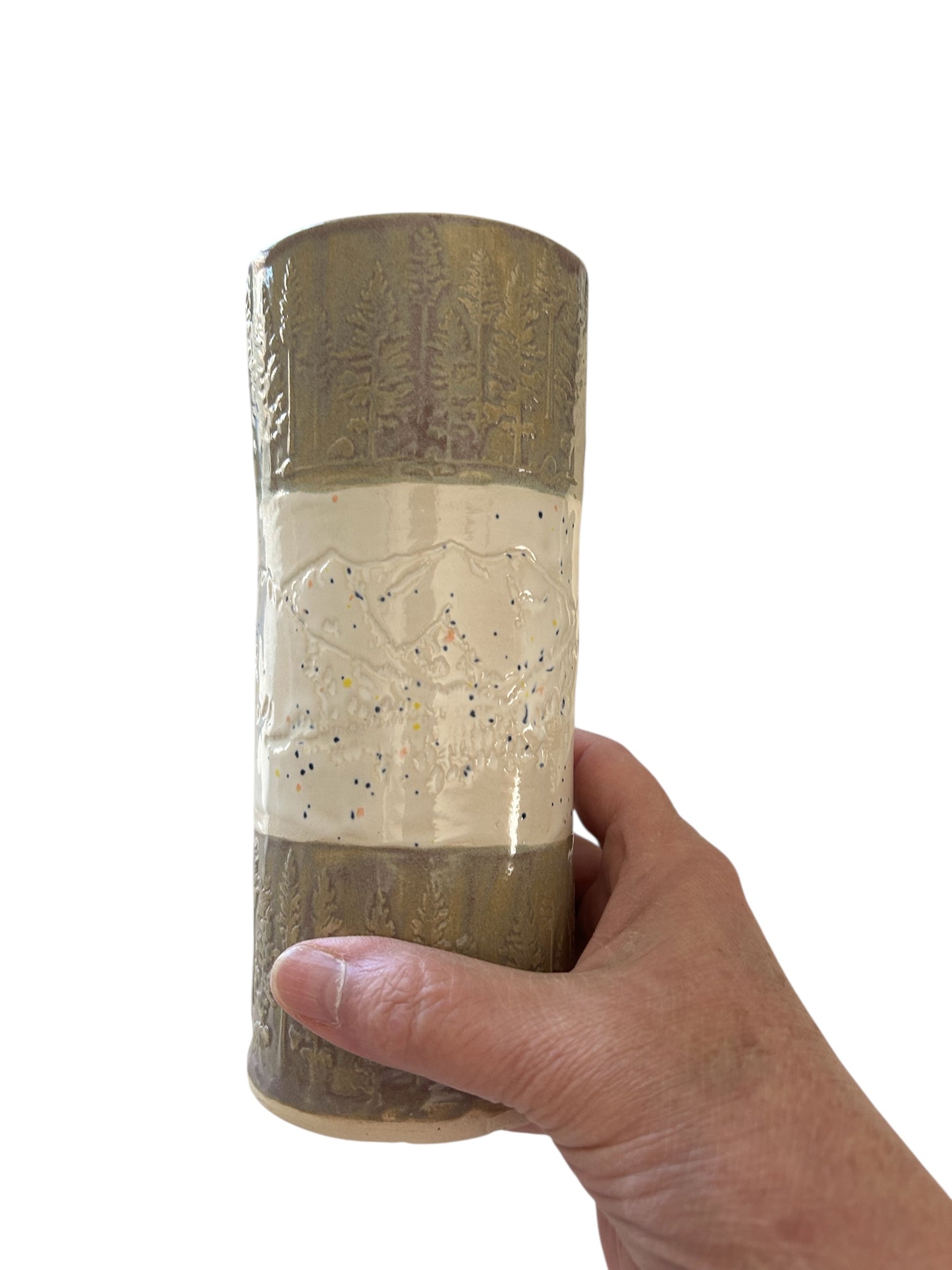 Set of 2 Tall Textured Tumblers #2 with Winter Trees and Mountains in Toasted Sage