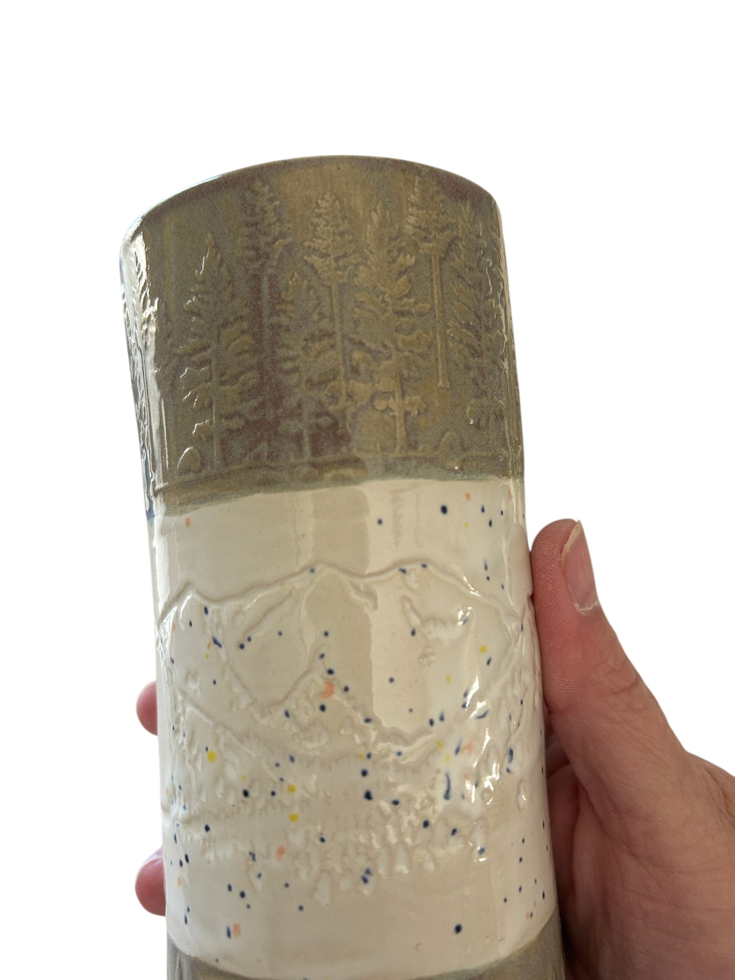 Set of 2 Tall Textured Tumblers #2 with Winter Trees and Mountains in Toasted Sage