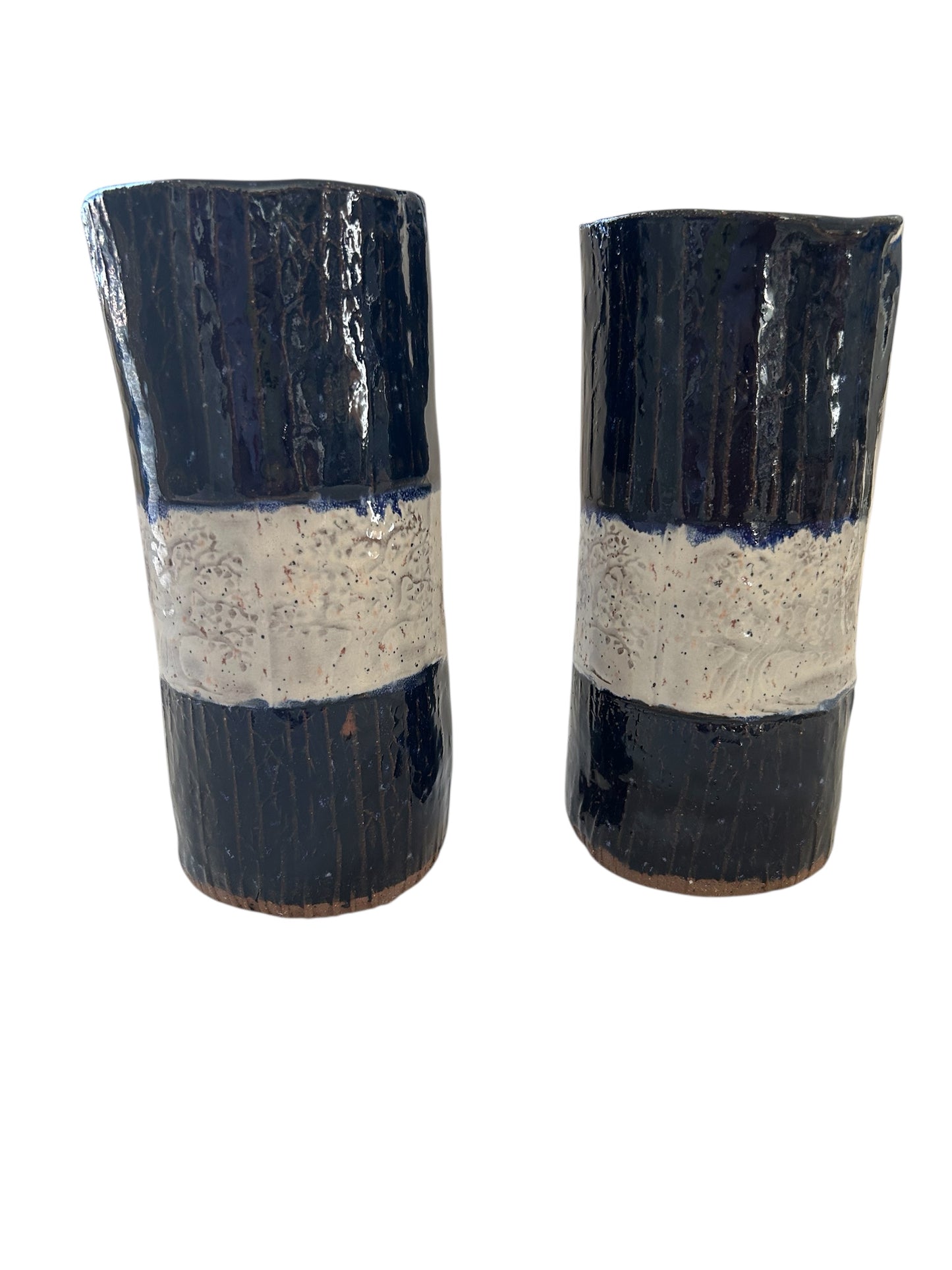 Set of 2 Tall Textured Tumblers with Winter Trees Designs in Cobalt Blue and White