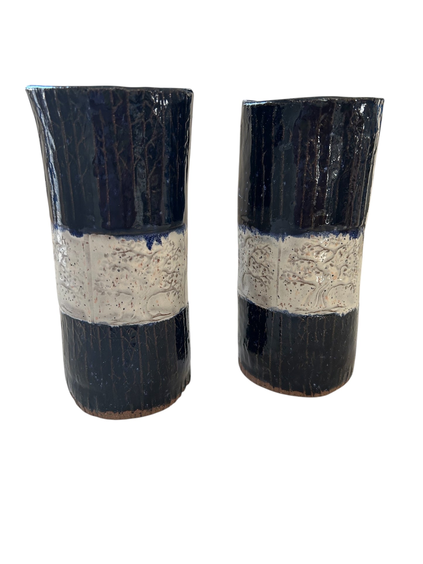 Set of 2 Tall Textured Tumblers with Winter Trees Designs in Cobalt Blue and White