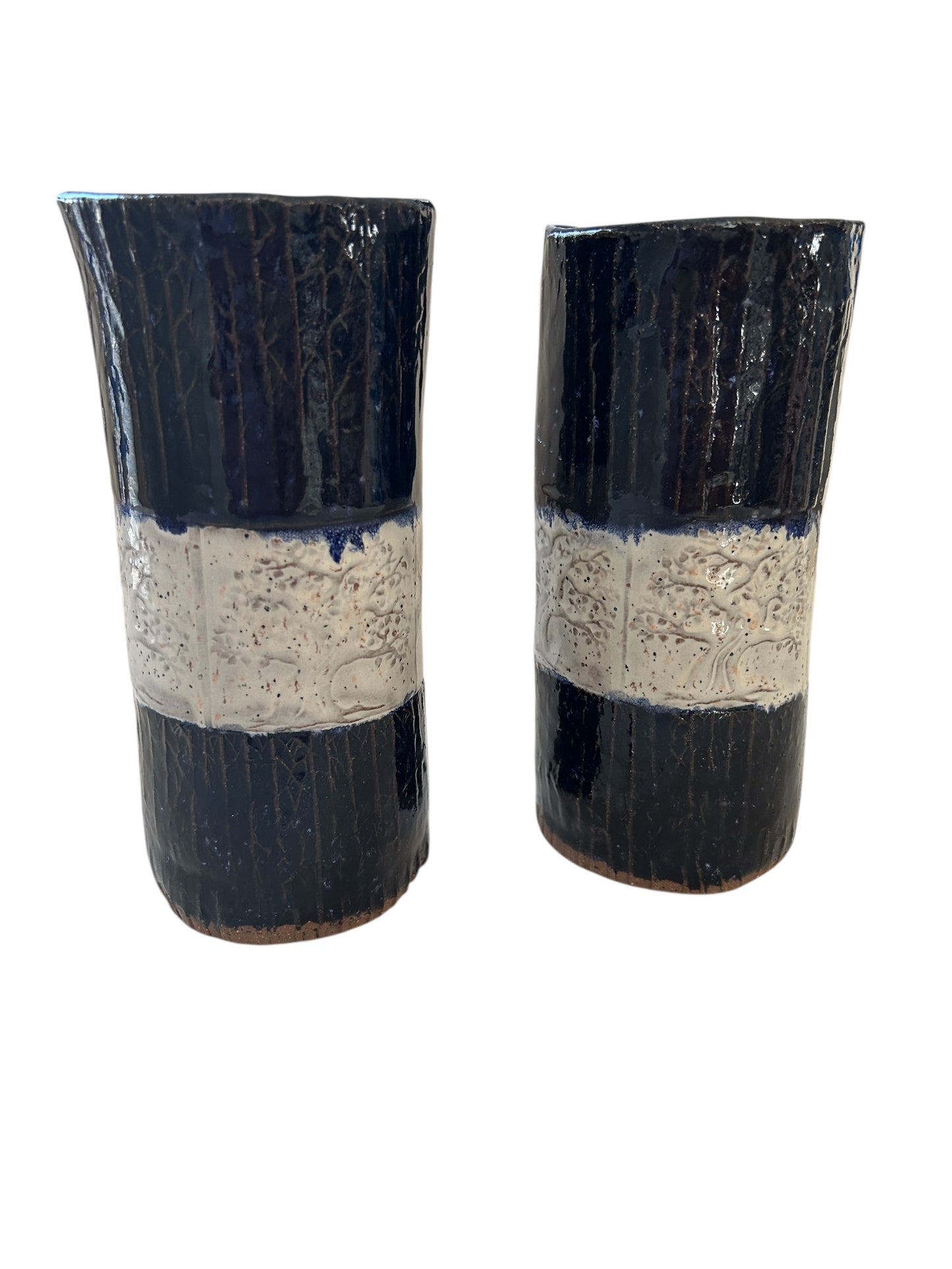 Set of 2 Tall Textured Tumblers with Winter Trees Designs in Cobalt Blue and White