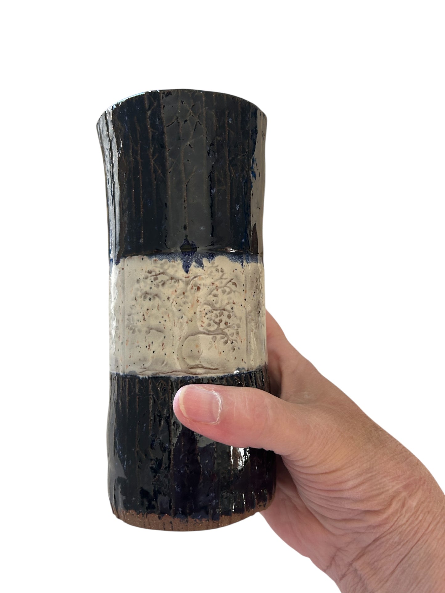 Set of 2 Tall Textured Tumblers with Winter Trees Designs in Cobalt Blue and White