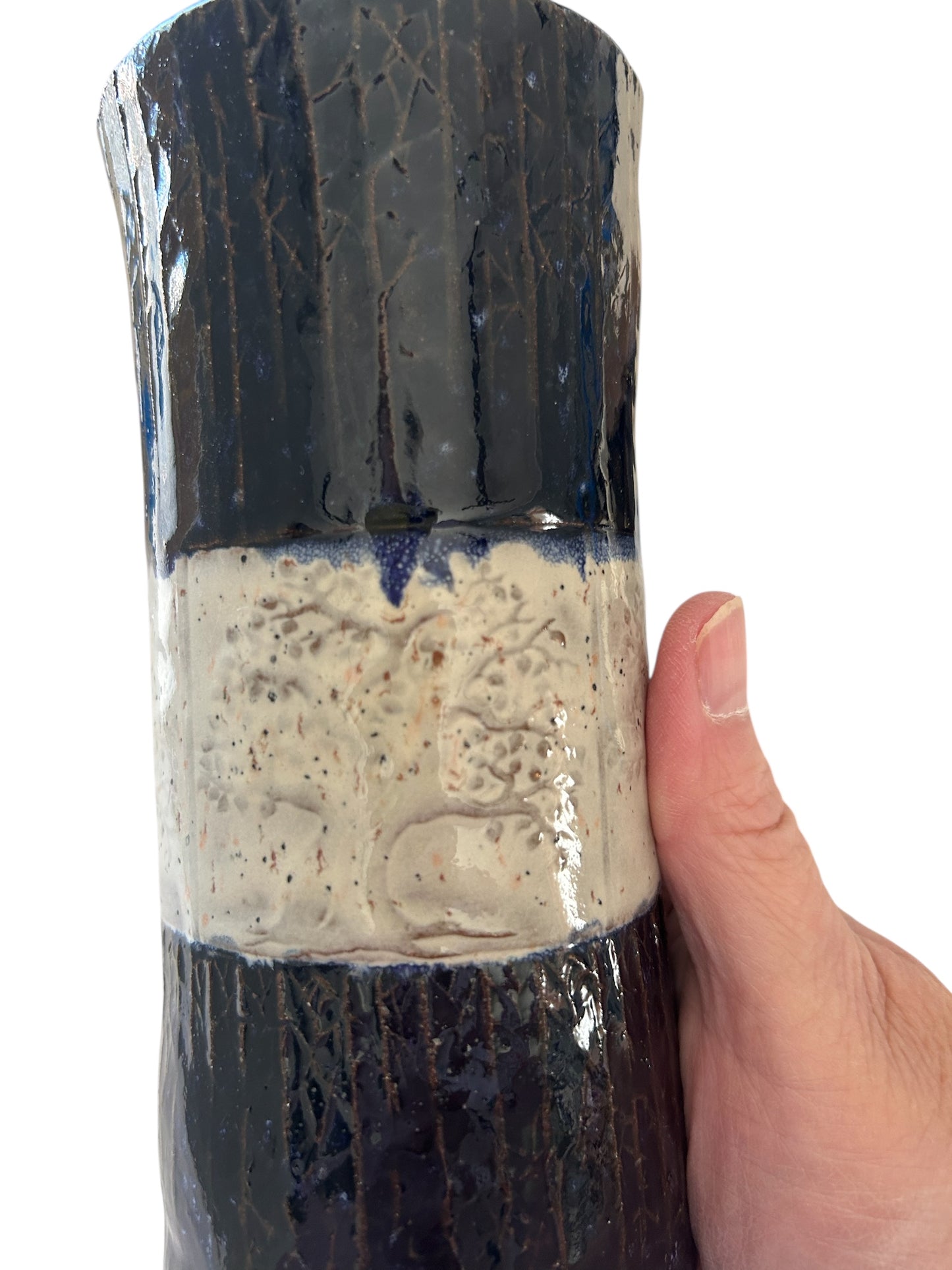 Set of 2 Tall Textured Tumblers with Winter Trees Designs in Cobalt Blue and White