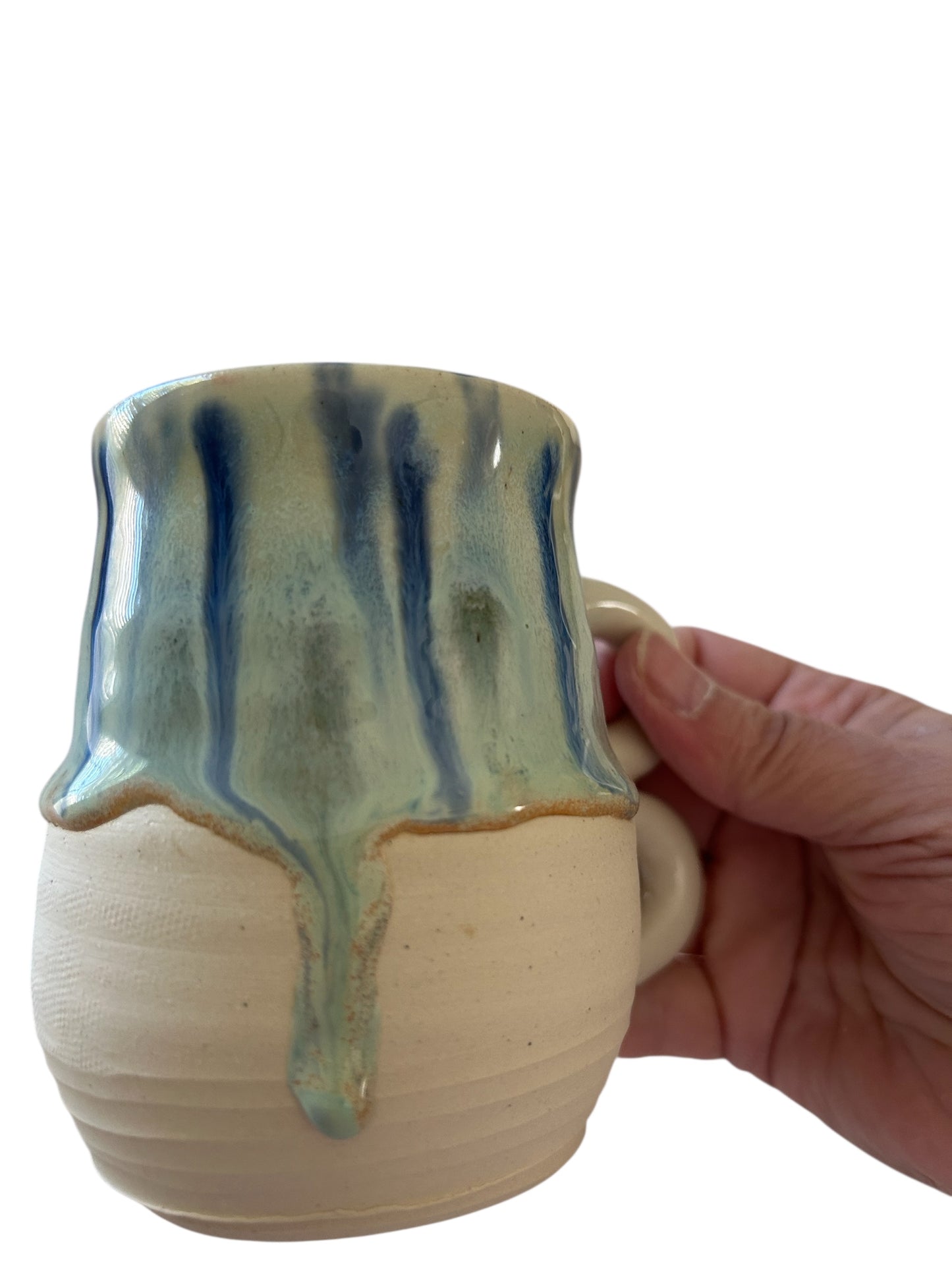 Wheel-Thrown Mug #22 with Peacock Glaze and Knuckle Handle