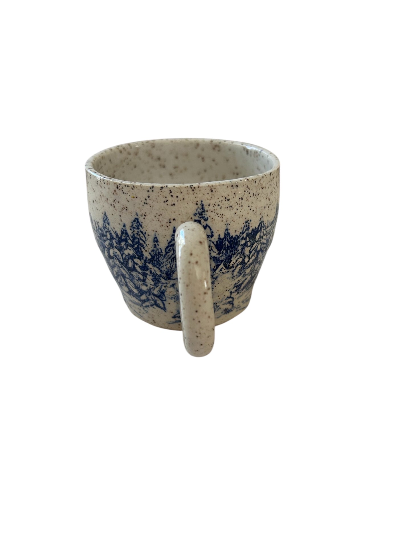 Small Wheel-Thrown Speckled Mug #42 with Monoprint Snowy Evergreen Trees