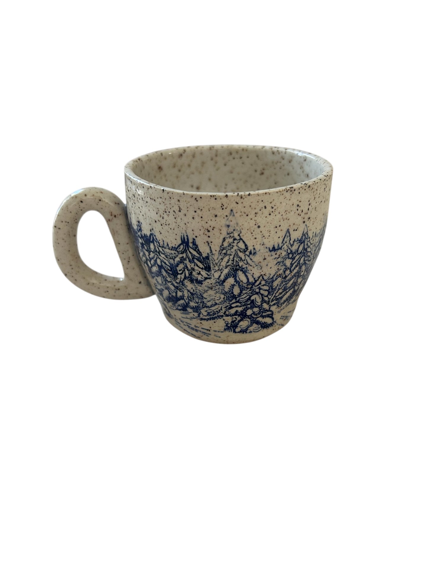Small Wheel-Thrown Speckled Mug #42 with Monoprint Snowy Evergreen Trees
