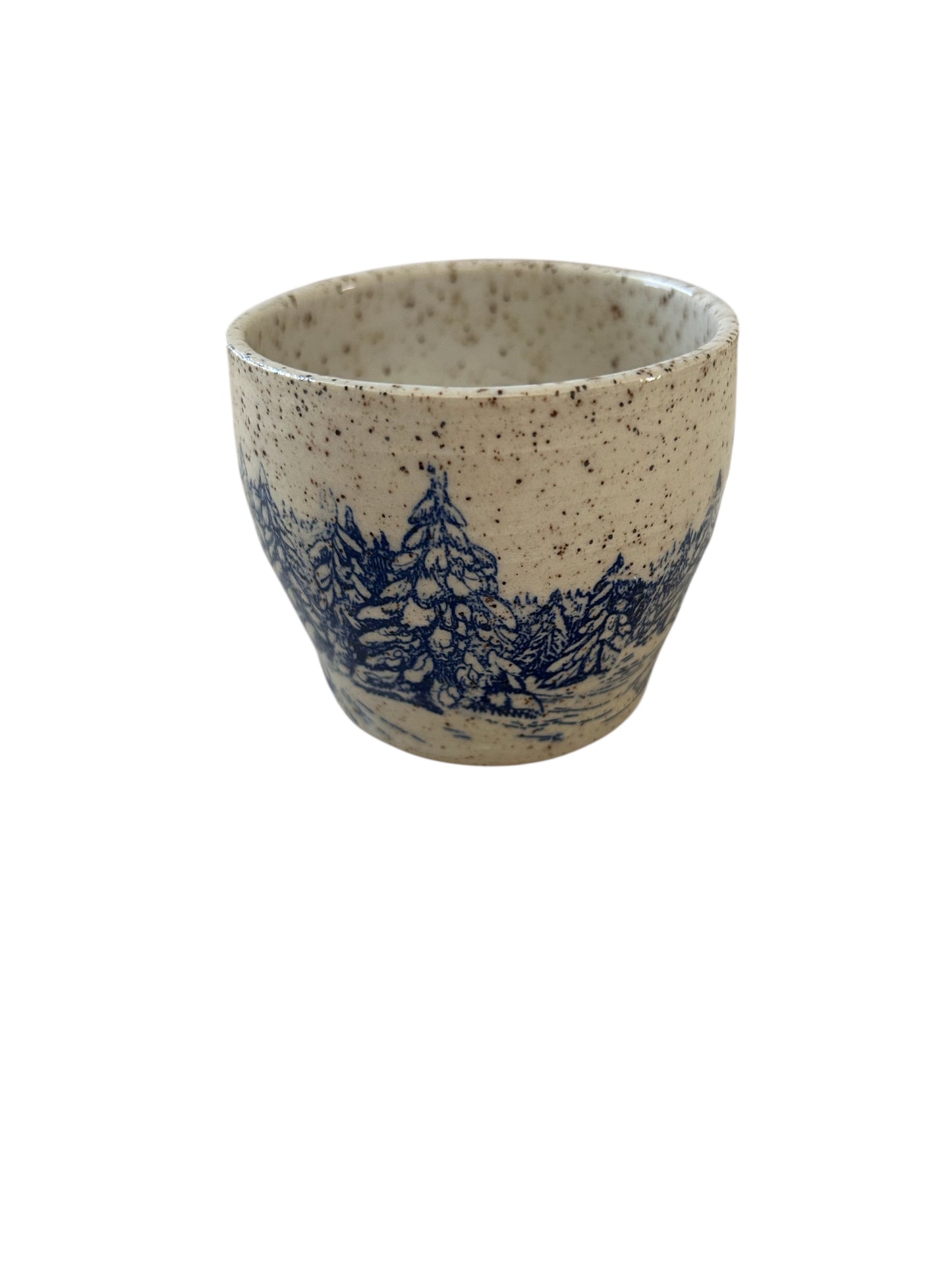 Small Wheel-Thrown Speckled Mug #42 with Monoprint Snowy Evergreen Trees