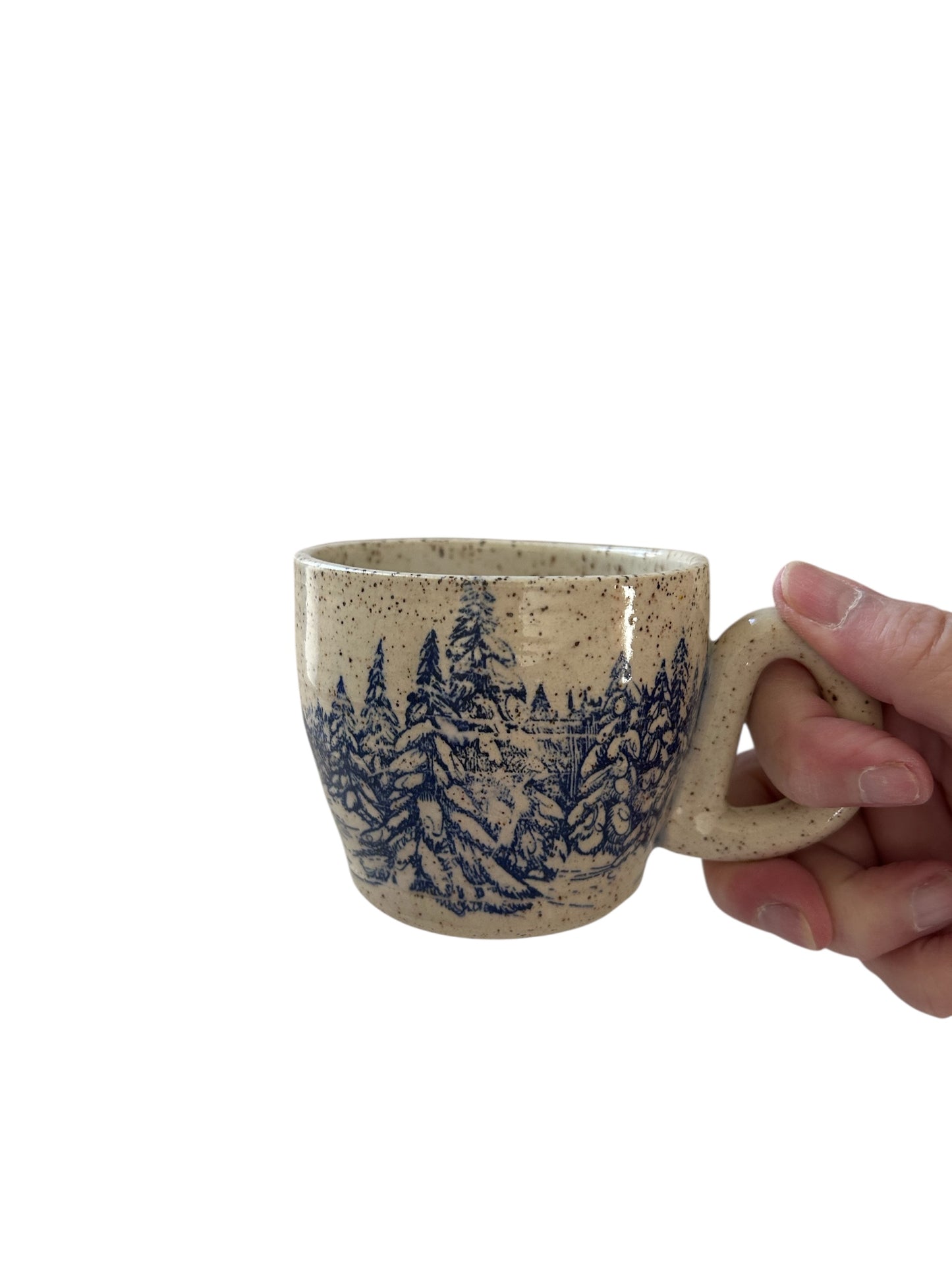 Small Wheel-Thrown Speckled Mug #42 with Monoprint Snowy Evergreen Trees