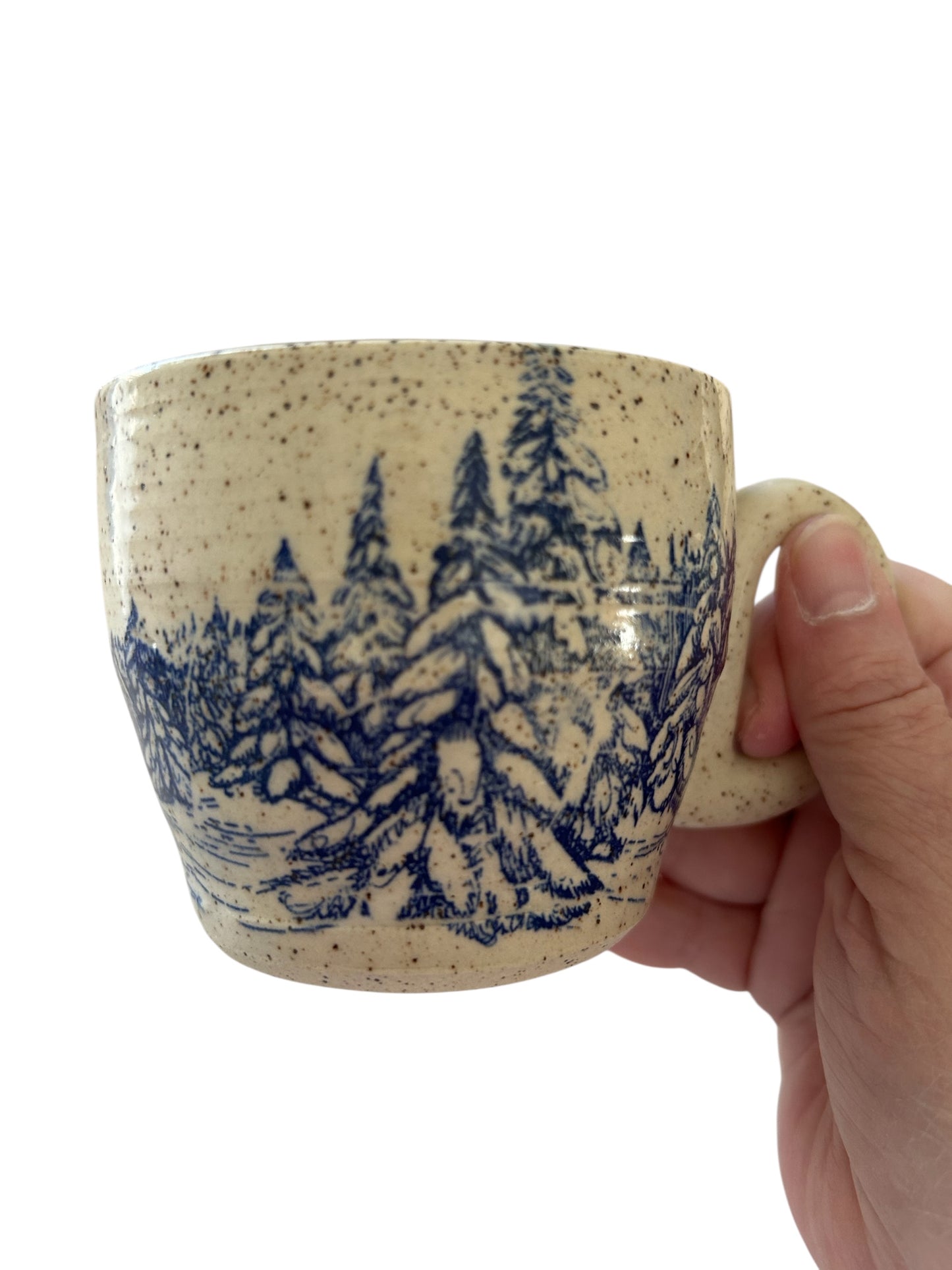 Small Wheel-Thrown Speckled Mug #42 with Monoprint Snowy Evergreen Trees