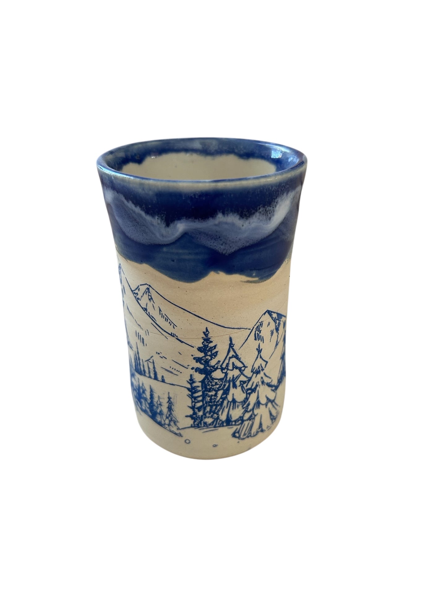 Monoprint Juice Cup #24 with Log Cabin, Snowy Mountains, and Evergreens