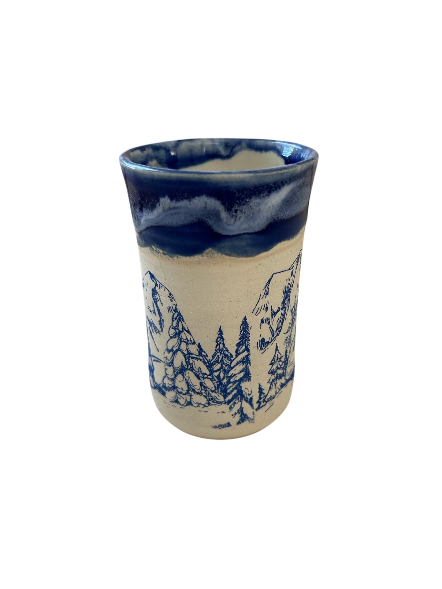 Monoprint Juice Cup #24 with Log Cabin, Snowy Mountains, and Evergreens