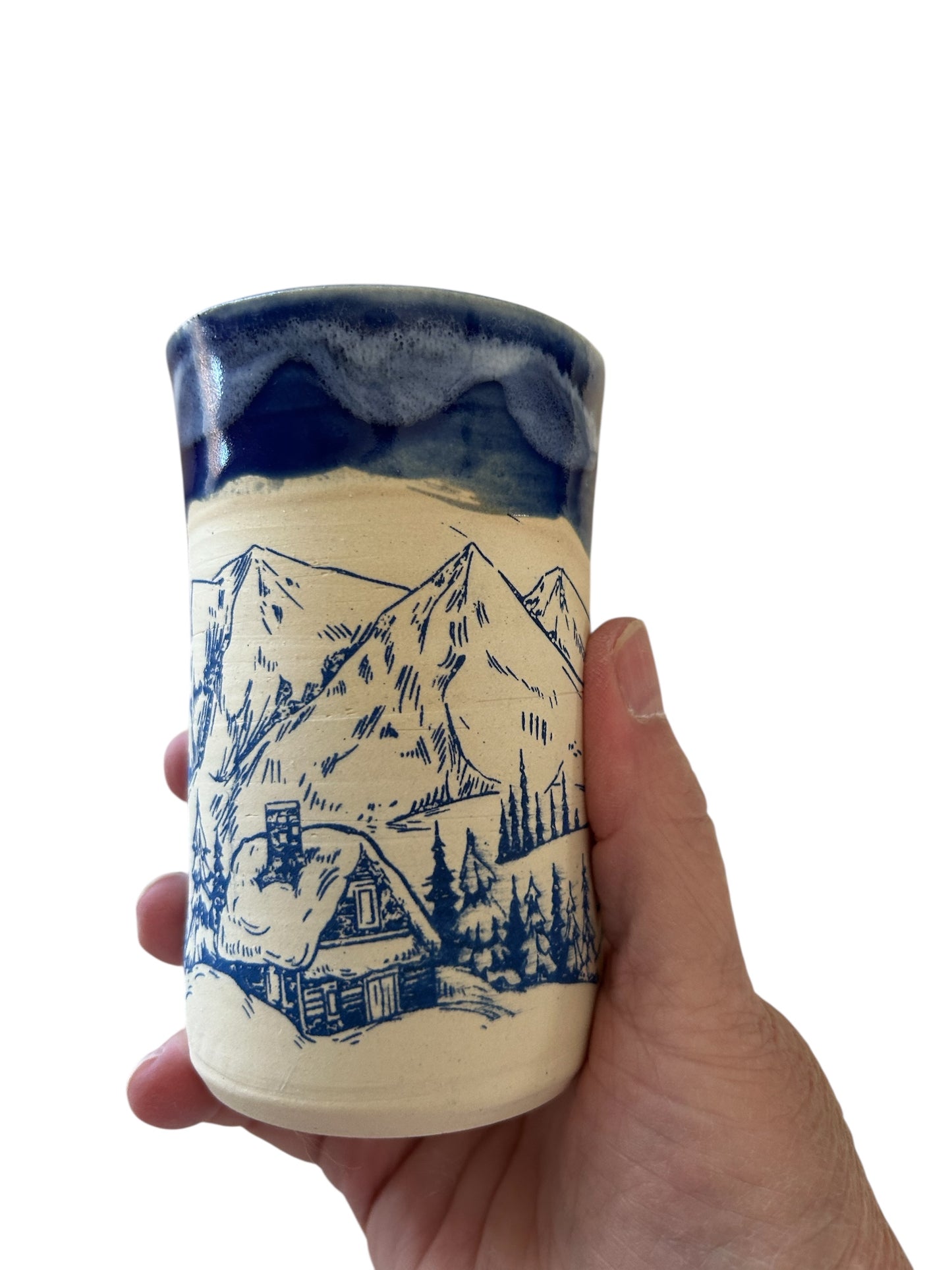 Monoprint Juice Cup #24 with Log Cabin, Snowy Mountains, and Evergreens