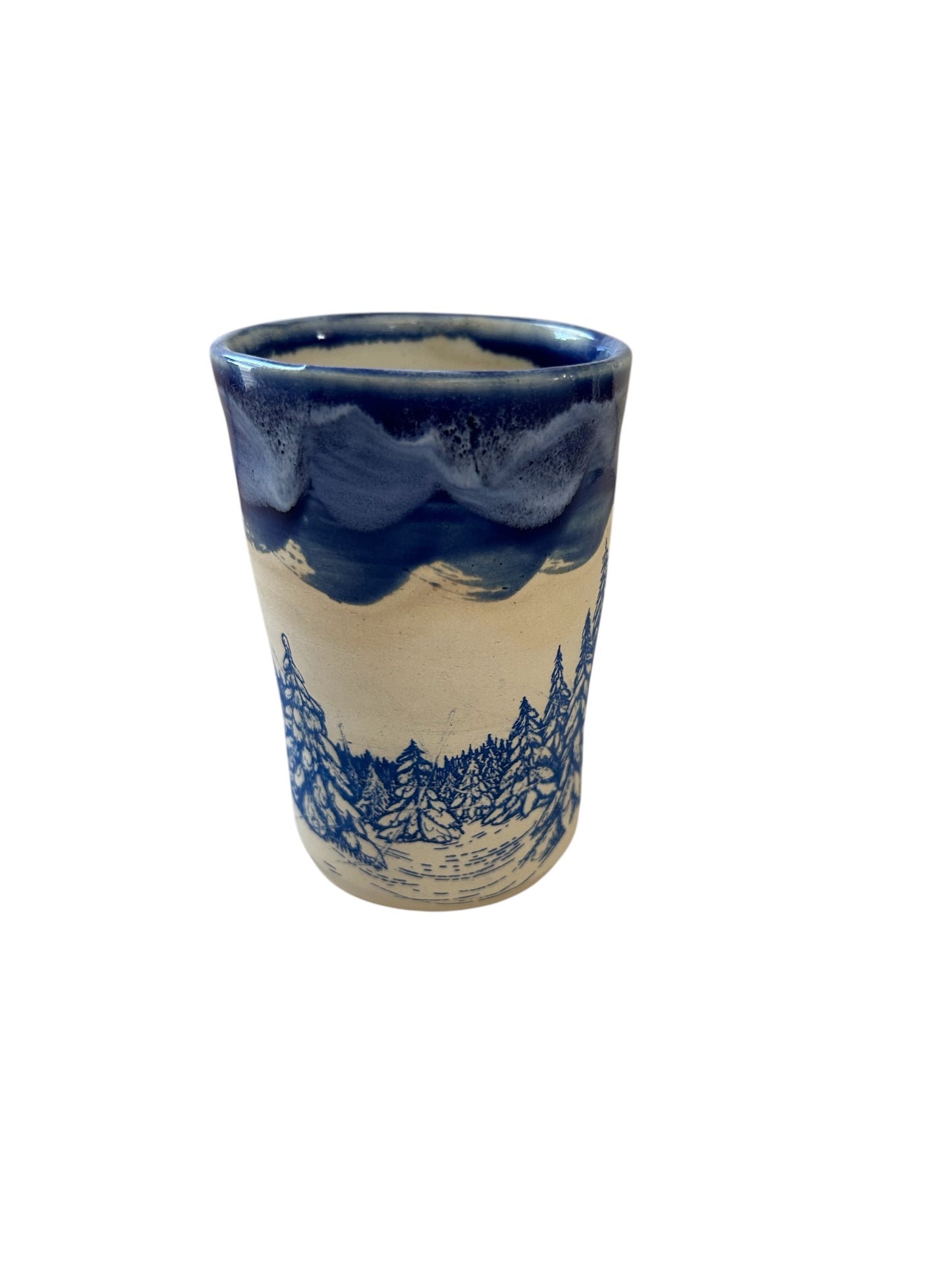 Monoprint Juice Cup #25 with Snowy Evergreens