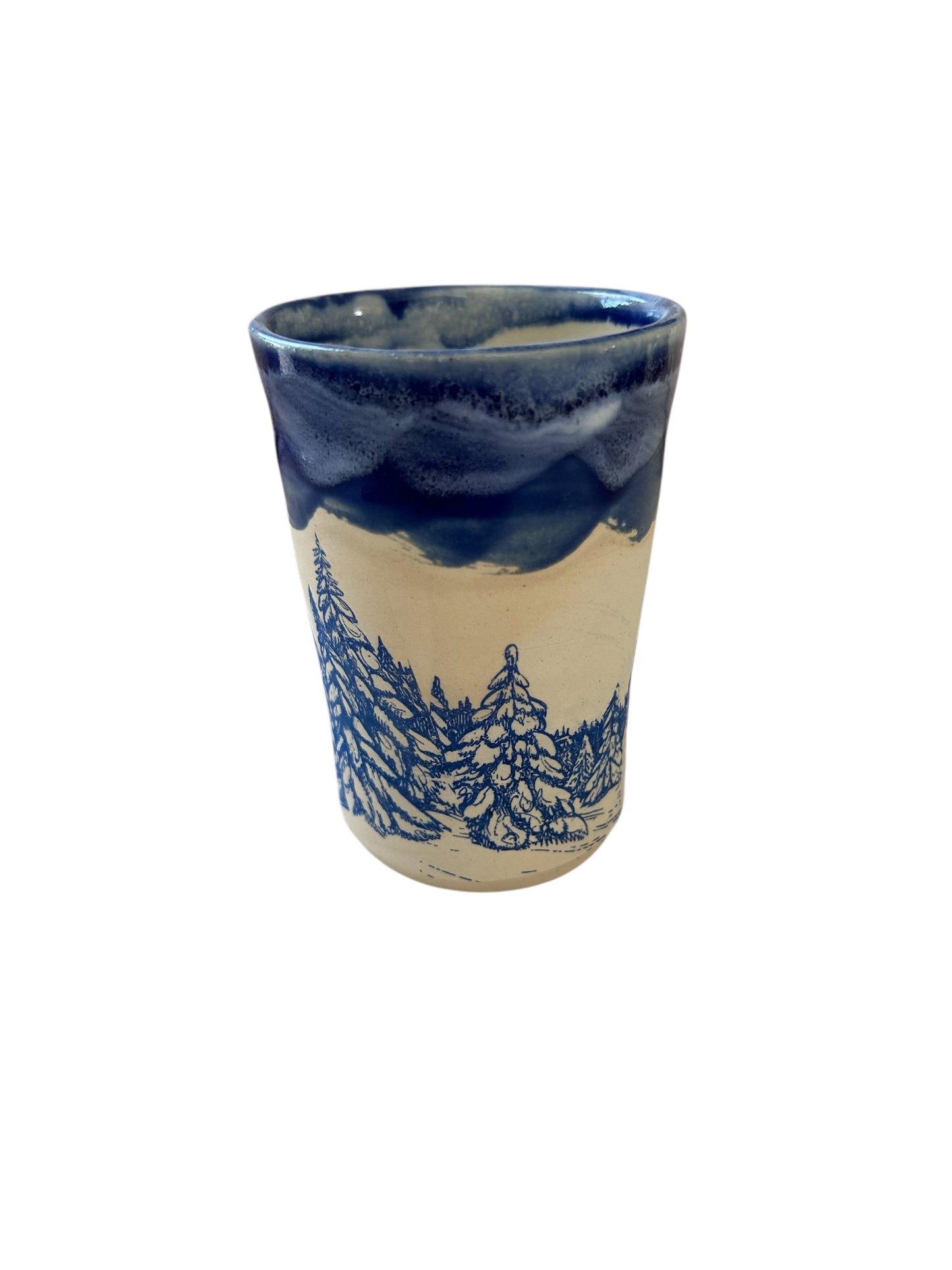 Monoprint Juice Cup #25 with Snowy Evergreens