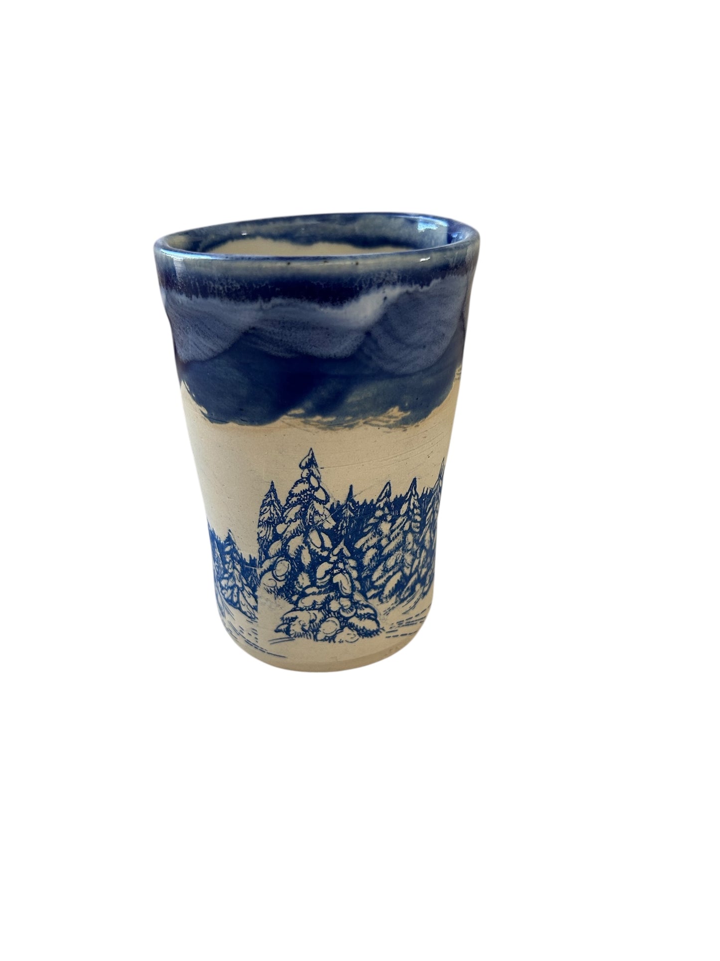 Monoprint Juice Cup #25 with Snowy Evergreens