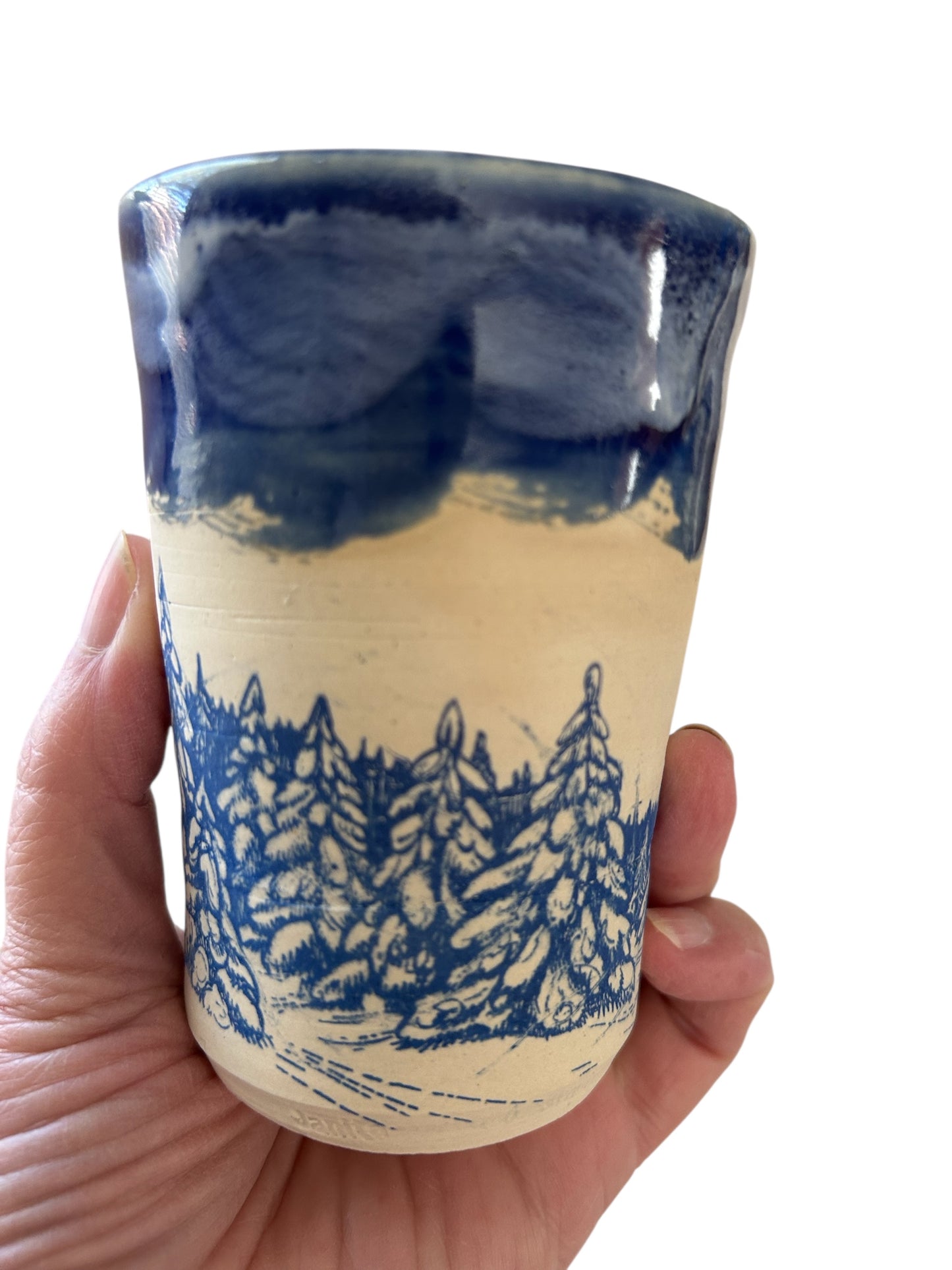 Monoprint Juice Cup #25 with Snowy Evergreens