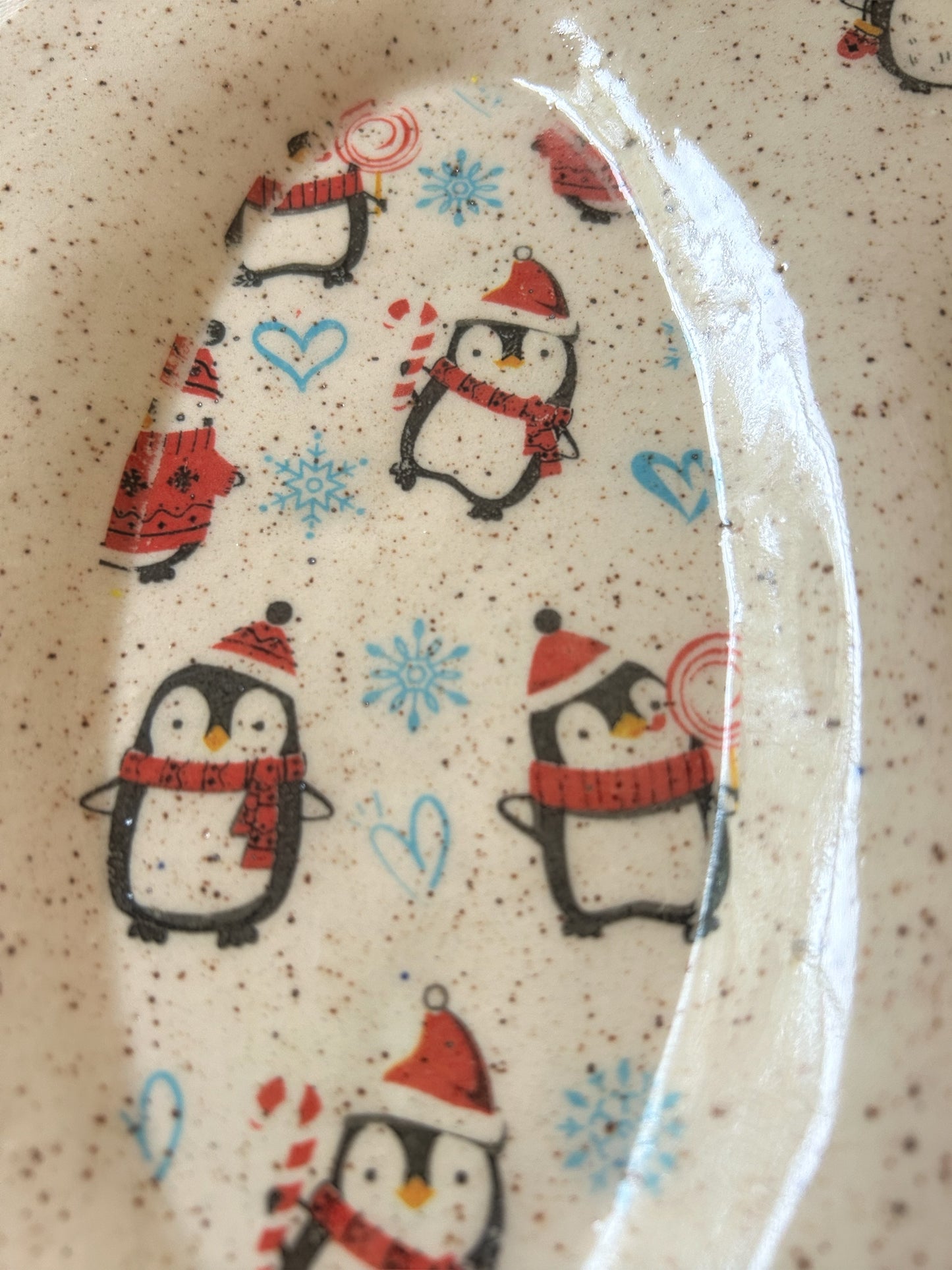 Small Holiday Tray #4 with Cute Christmas Penguins Monoprint Designs