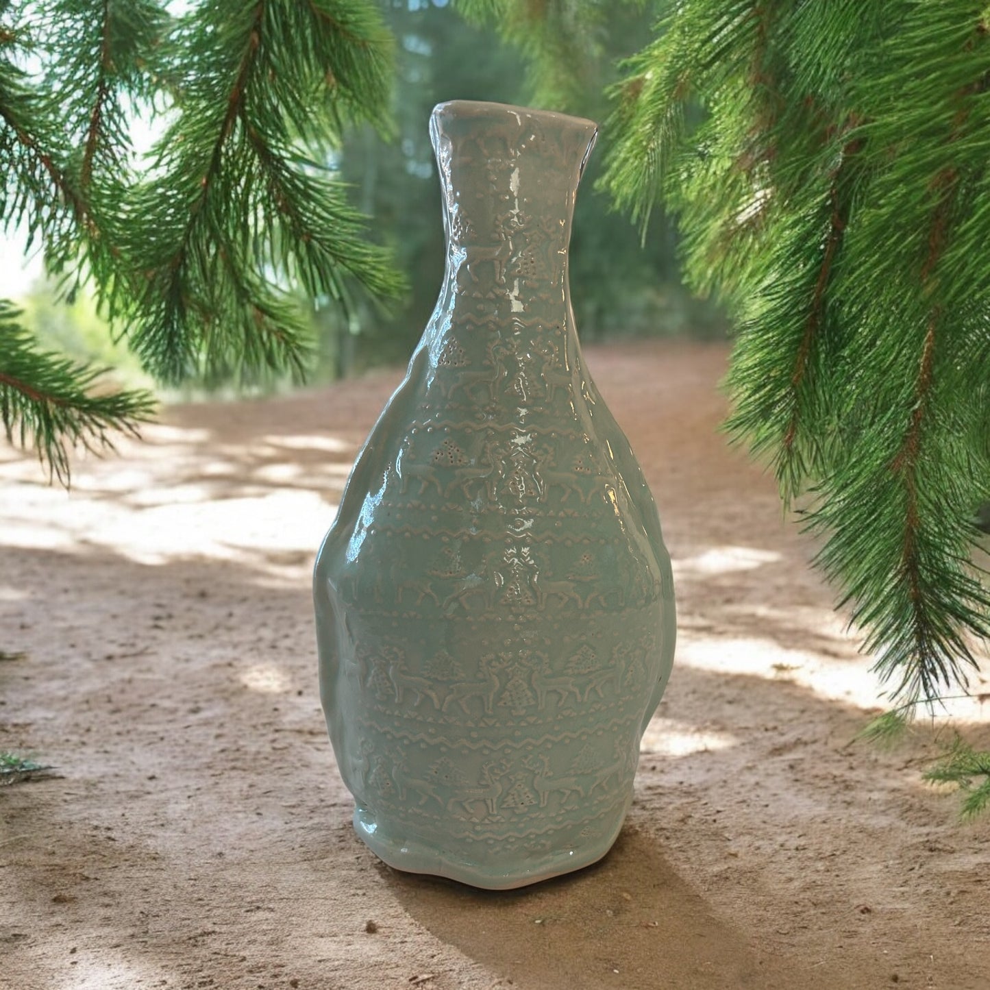 9 Inch Textured Bottle Vase #16 with Deer and Evergreens in Aqua