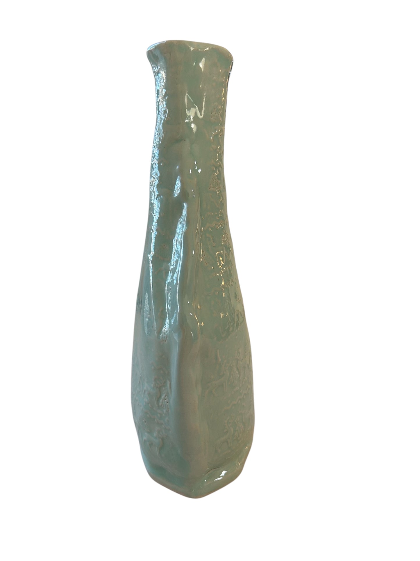 9 Inch Textured Bottle Vase #16 with Deer and Evergreens in Aqua