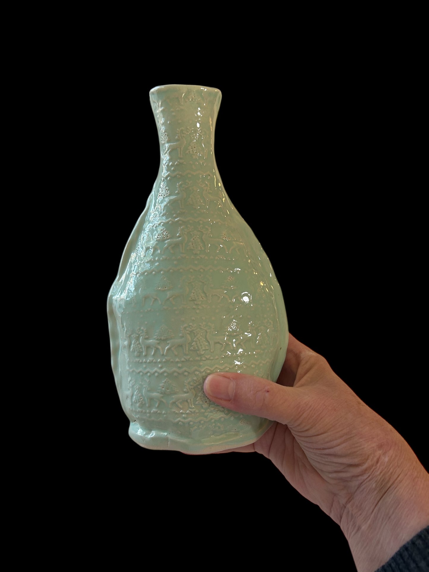 9 Inch Textured Bottle Vase #16 with Deer and Evergreens in Aqua