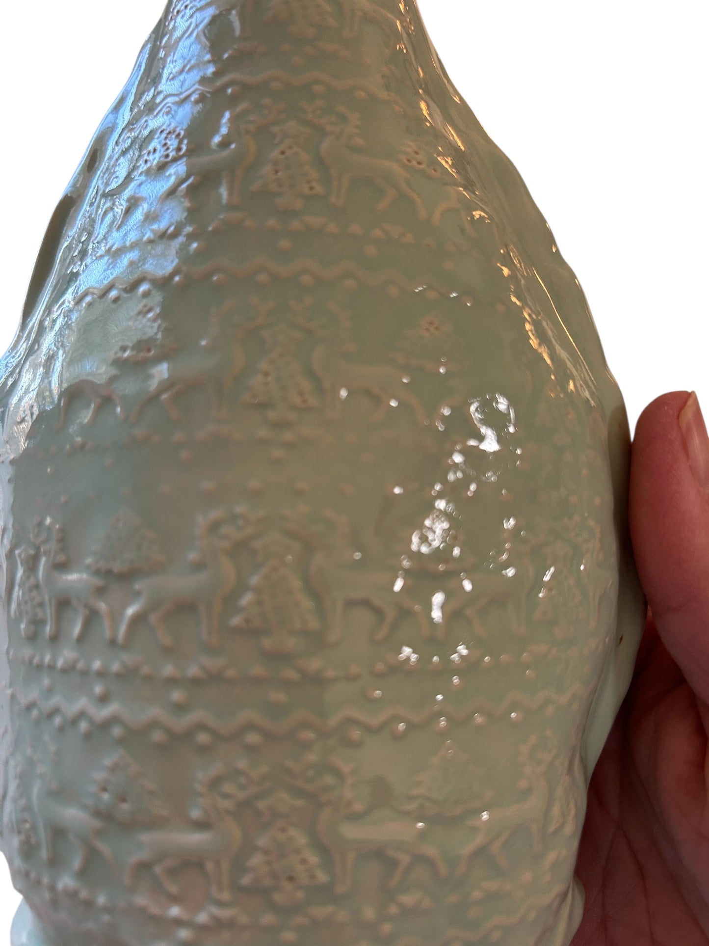 9 Inch Textured Bottle Vase #16 with Deer and Evergreens in Aqua