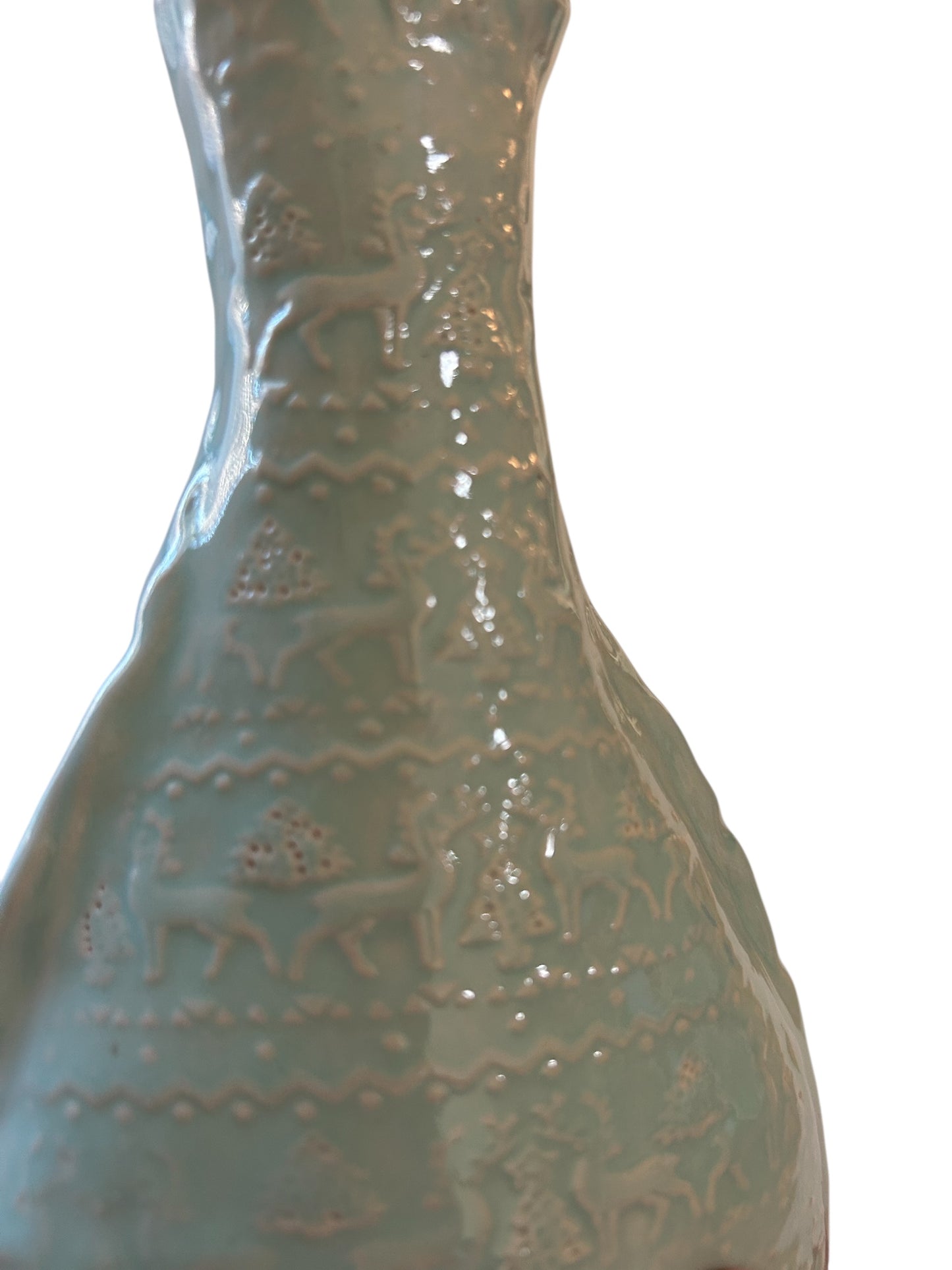 9 Inch Textured Bottle Vase #16 with Deer and Evergreens in Aqua
