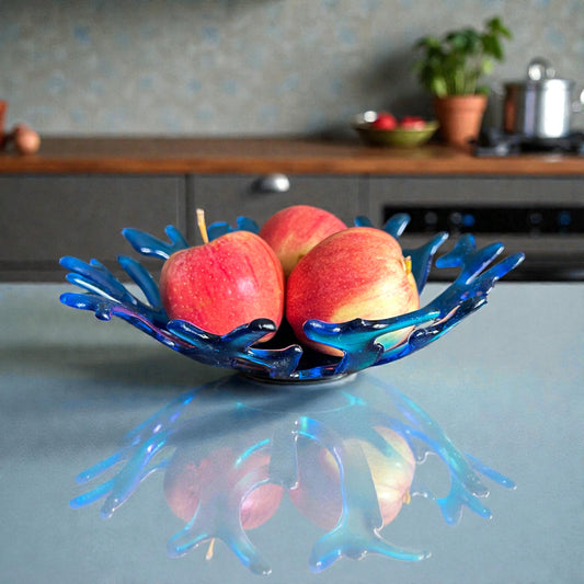Handmade 10" Fused Glass Coral Fruit Bowl in Turquoise Blue