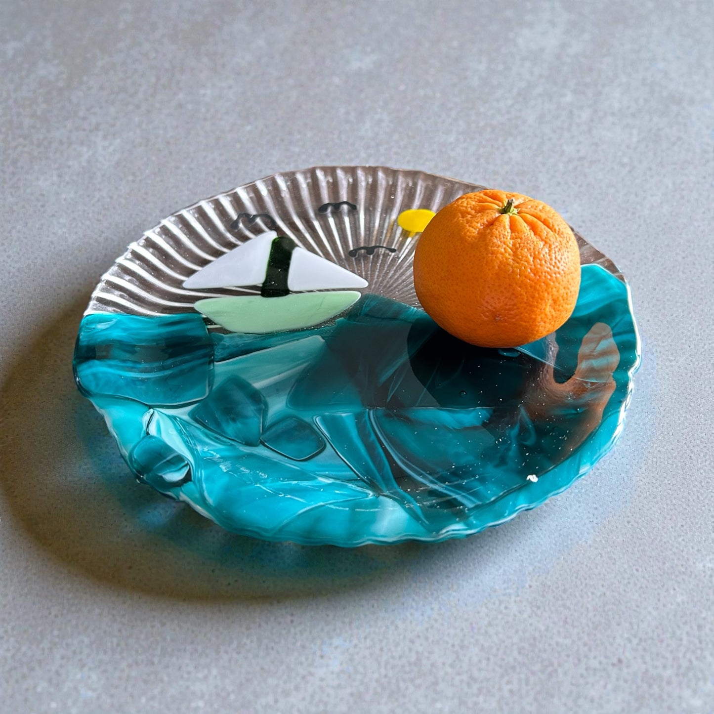 Handmade 8" Textured Fused Glass Side Plate with Nautical Scene